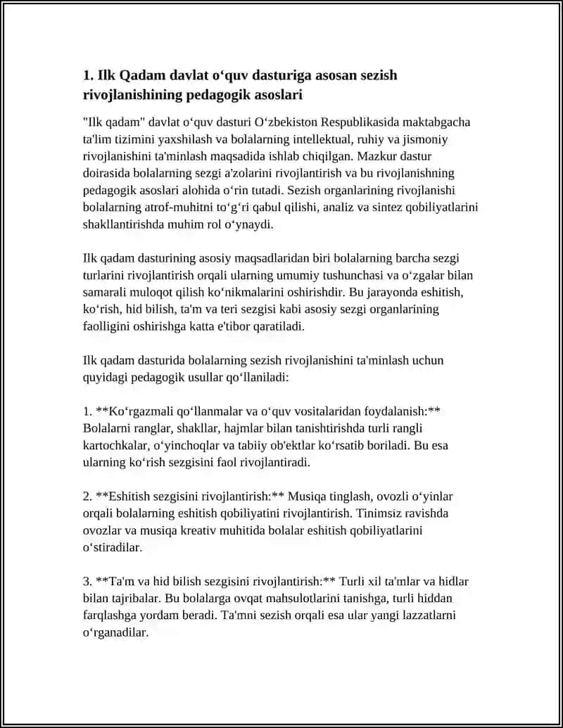 ILK QADAM DAVLAT OʻQUV DASTURI ASOSIDA FAOLIYAT MARKAZIDA MAKTABGACHA YOSHDAGI BOLALARNI SEZISH QOBILIYATLARI RIVOJLANTIRISHNI TASHKIL QILISH 4