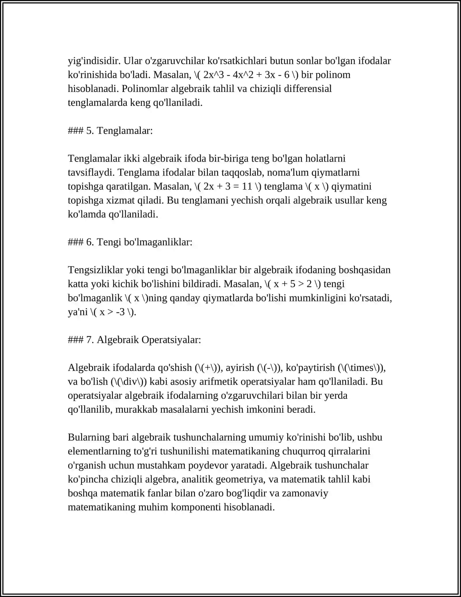 SINFDAN TASHQARI MASHG’ULOTLARDA ALGEBRAIK MATERIALLARNI O‘RGATISH METODIKASI 4