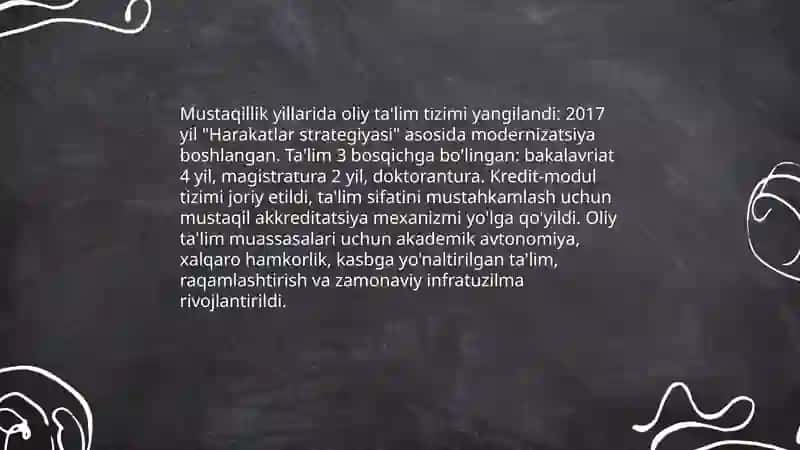 Oliy taʼlim tizimining islohoti va oliy taʼlim muassasalari modernizatsiyasi 4