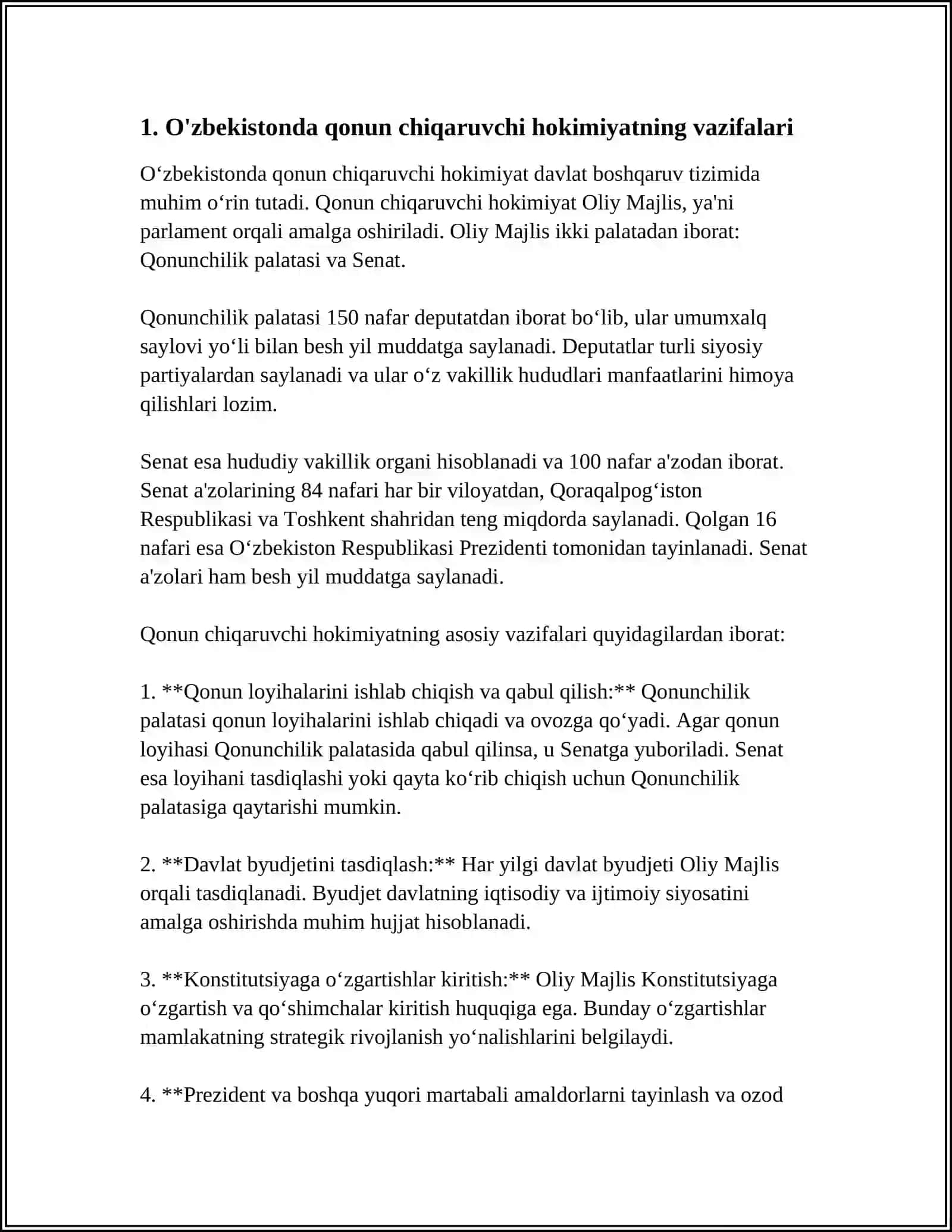 O'ZBEKISTONDA QONUN CHIQARUVCHI, IJRO ETUVCHI VA SUD HOKIMIYATI HAMDA ULARNING FAOLIYATI 4