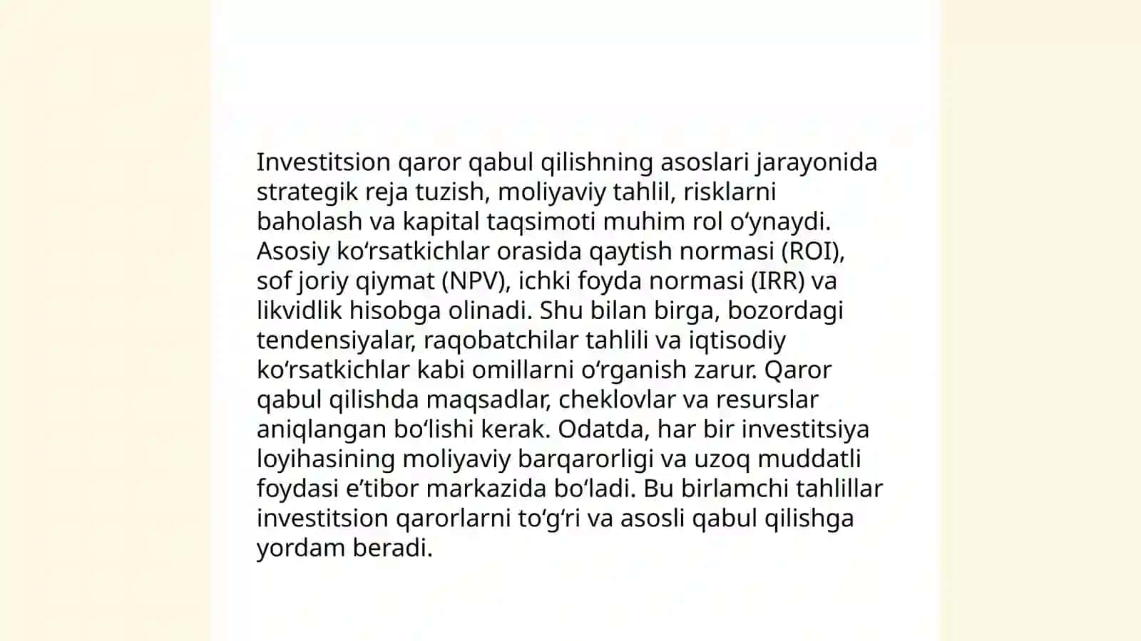 Sof joriy qiymat qoidasining investition qarorlar qabul qilishdagi oʻrni va ahamiyati 4