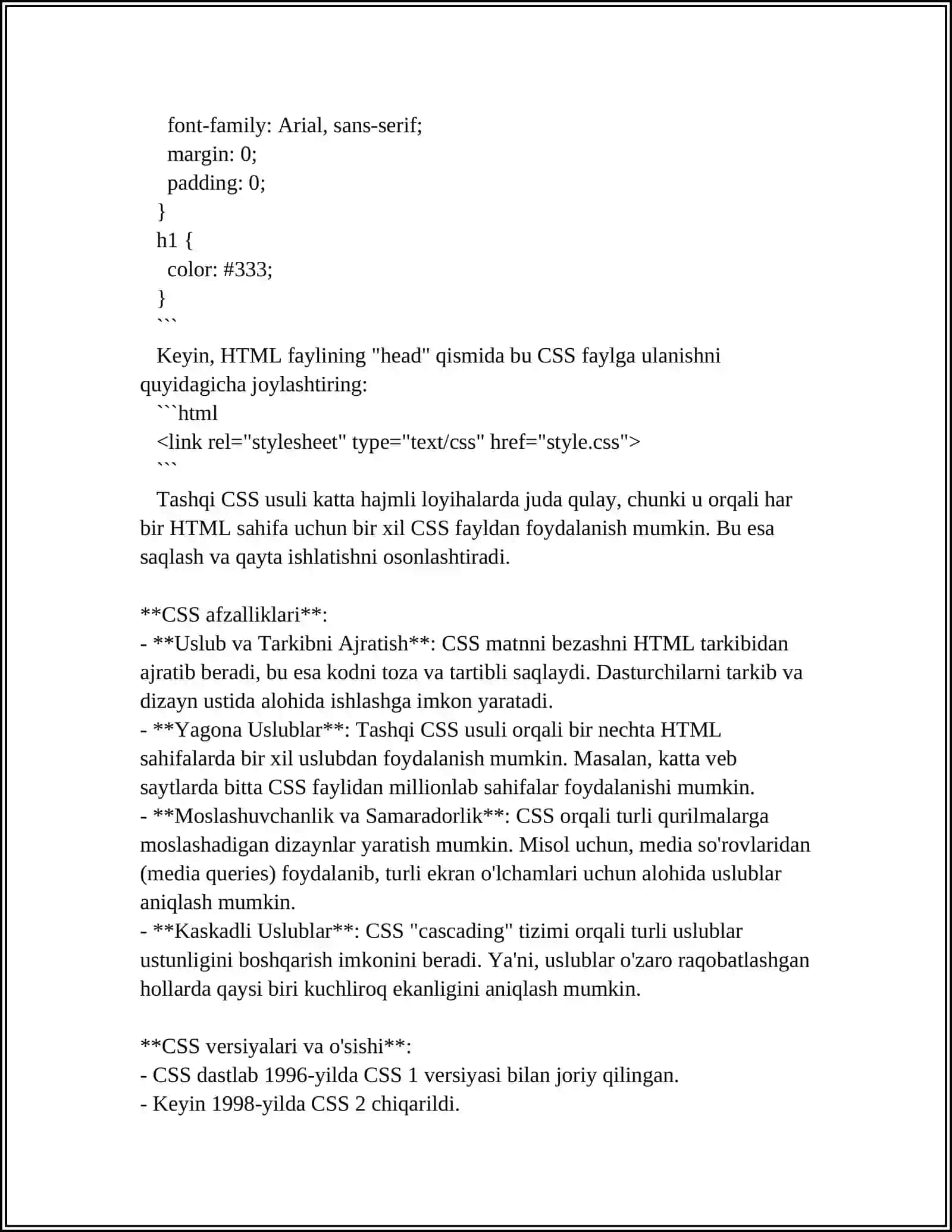 HTML SAHIFAGA CSS ORNATISH.SELEKTOR, KLASS VA IDENTIFIKATORLARNI YARATISH. CSS DA MATNGA STIL BERISH.CSS DA ROYXATGA STIL BERISH 4