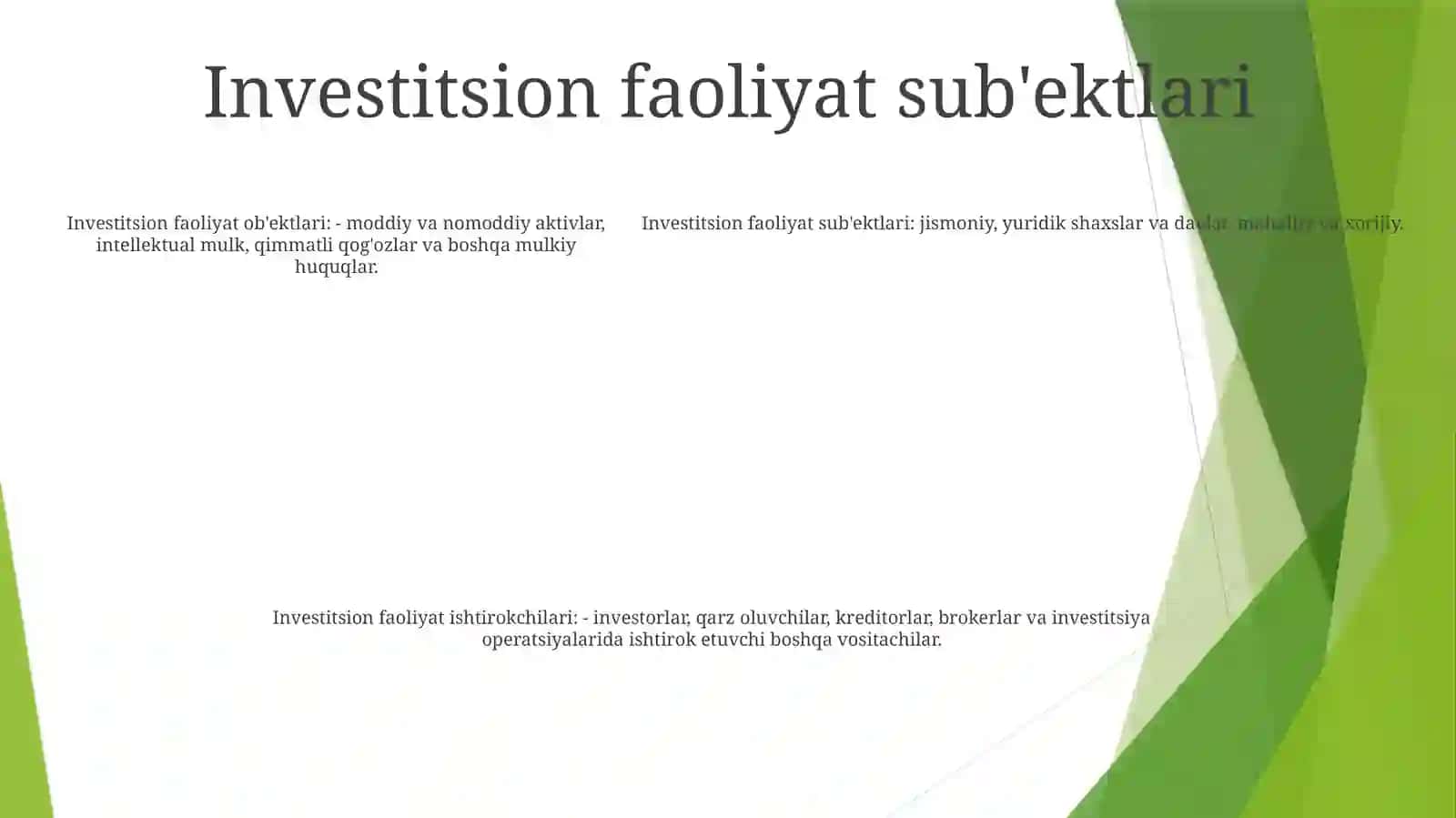 Investitsiya Faoliyati Ishtirokchilari, Obyektlari Va Subyektlari 4