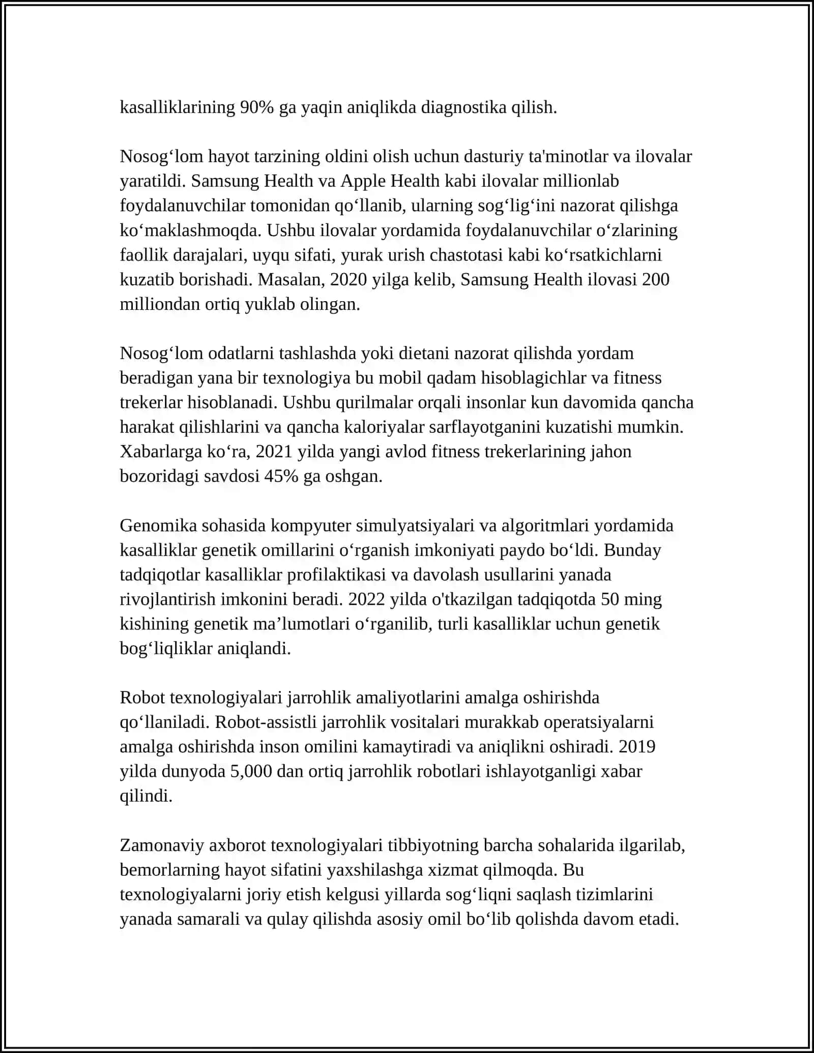 ZAMONAVIY AXBOROT TEXNOLOGIYALARIDAN BUGUNGI KUNDA FOYDALANISH DARAJASI ULARNING TIBBIYOTNING TURLI SOHALARIDA MAʼLUMOTLAR TOʻPLASHDA,DIAGNOSTIKA VA DAVOLASHDA TUTGAN OʻRNI 4