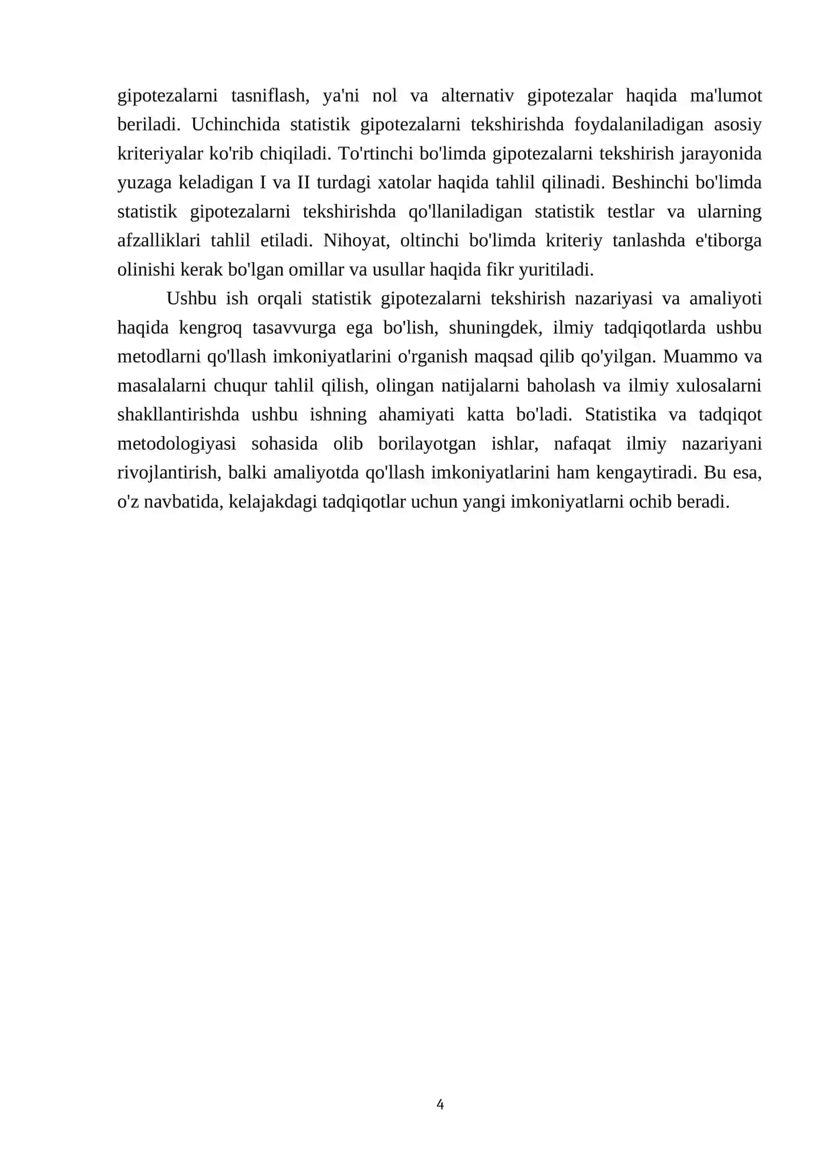 Statistik gipotezalarni tekshirish nazariyasining umumiy tushunchalari. Statistik gipotezalarni tekshirish uchun kriteriy tanlash prinsplari 4