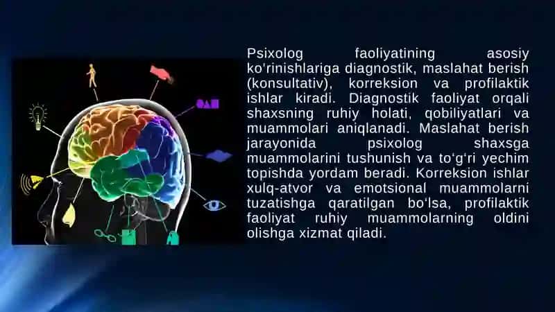 Psixolog faoliyatining ko’rinishi va sohalari 4