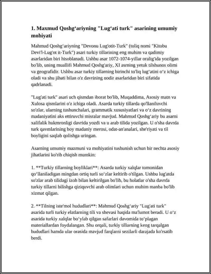 MUSTAQIL ISH Mavzu: MAXMUD QOSHGʻARIYNING LUGʻATI TURK ASARINING MOHIYATI 4