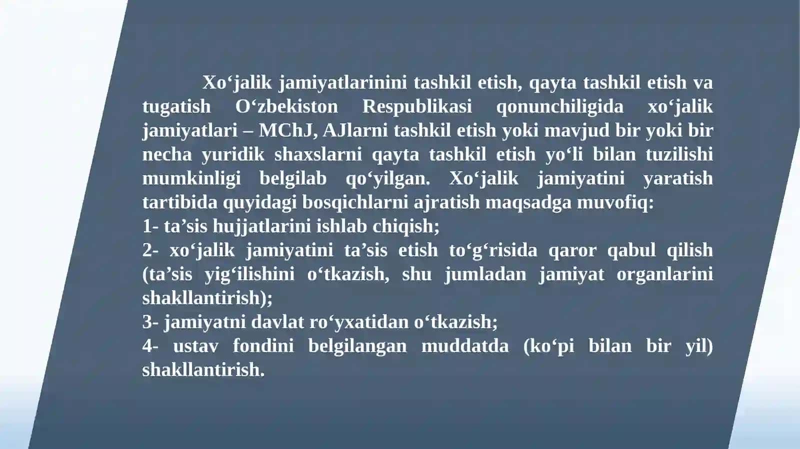 XO‘JALIK JAMIYATLARINI TASHKIL ETISH, QAYTA TASHKIL ETISH VA TUGATISH 4
