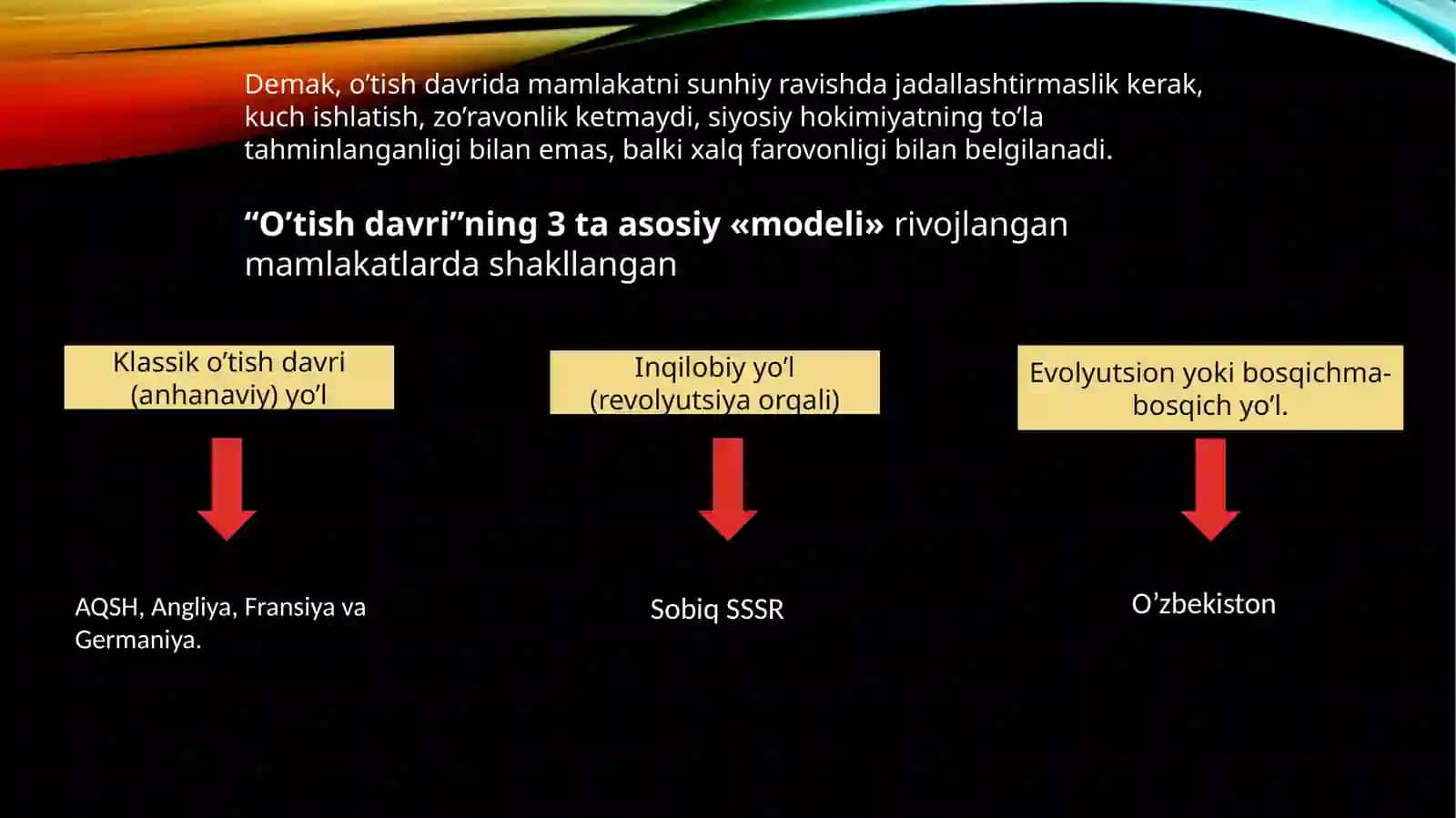O’tish davrining davomiyligi, klassik davlatlar (Angliya, Fransiya, AQSH va boshqalar) tajribasi, hozirgi davrdagi o’tish xususiyatlari (Yaponiya, Koreya Respublikasi, Singapur va boshqalar).Postsovetdavlatlariningbozormunosabatlarigao’tishxususiyatlari, startsharoitlariningturli-tumanligi 4