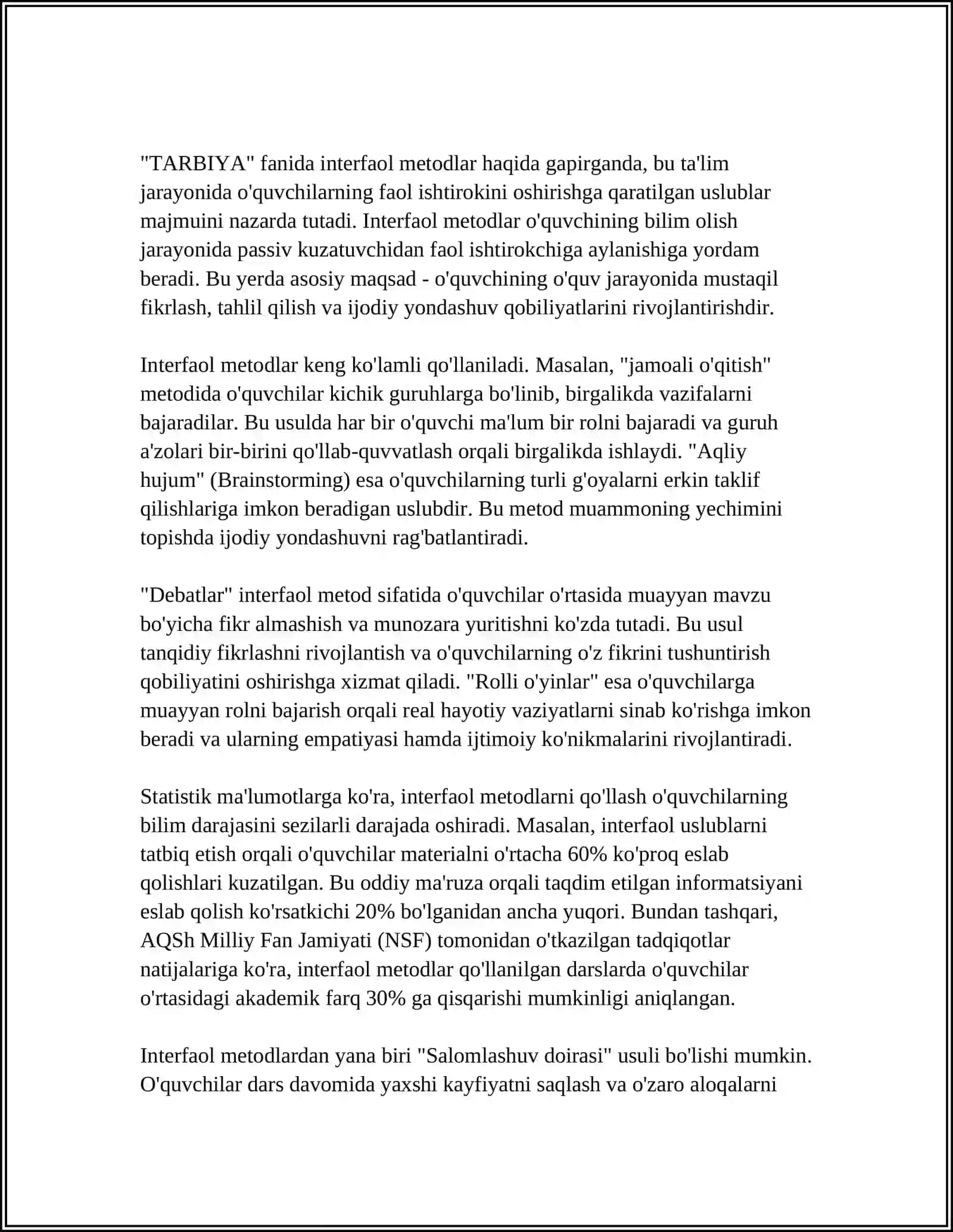 TARBIYA VA HUQUQ FANLARINI O'QITISHDA INTERFAOL METODLARNI QO'LLASH USULLARI 4