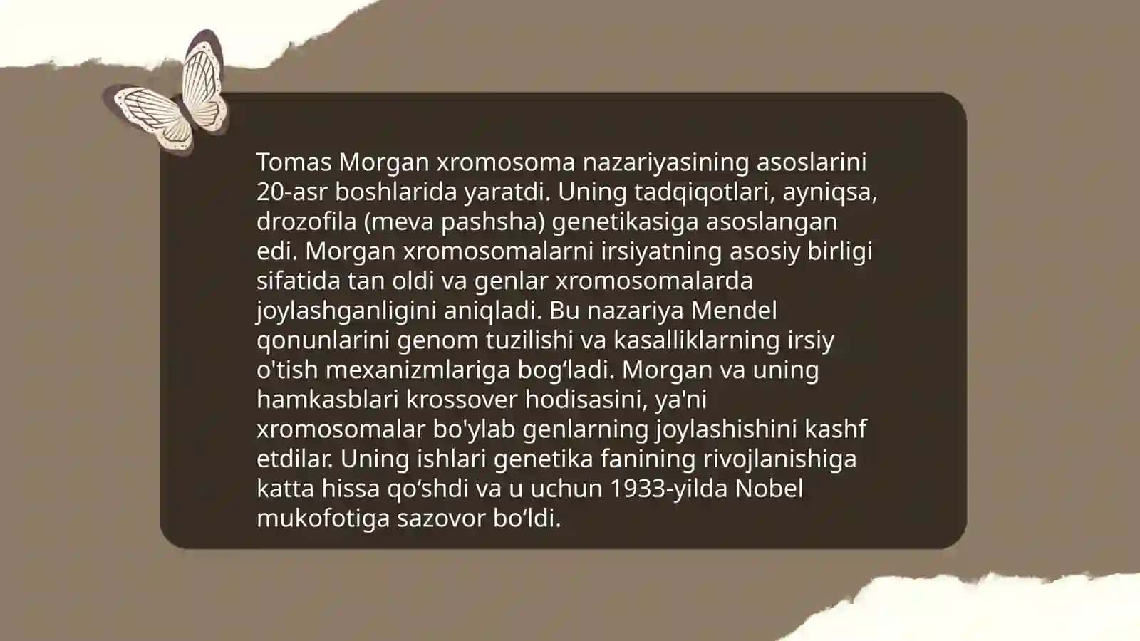 Organizmning mutagen tasiriga chidamliligi. Tomas Morganning xromosoma nazariyasi. Jins genetikasi 4