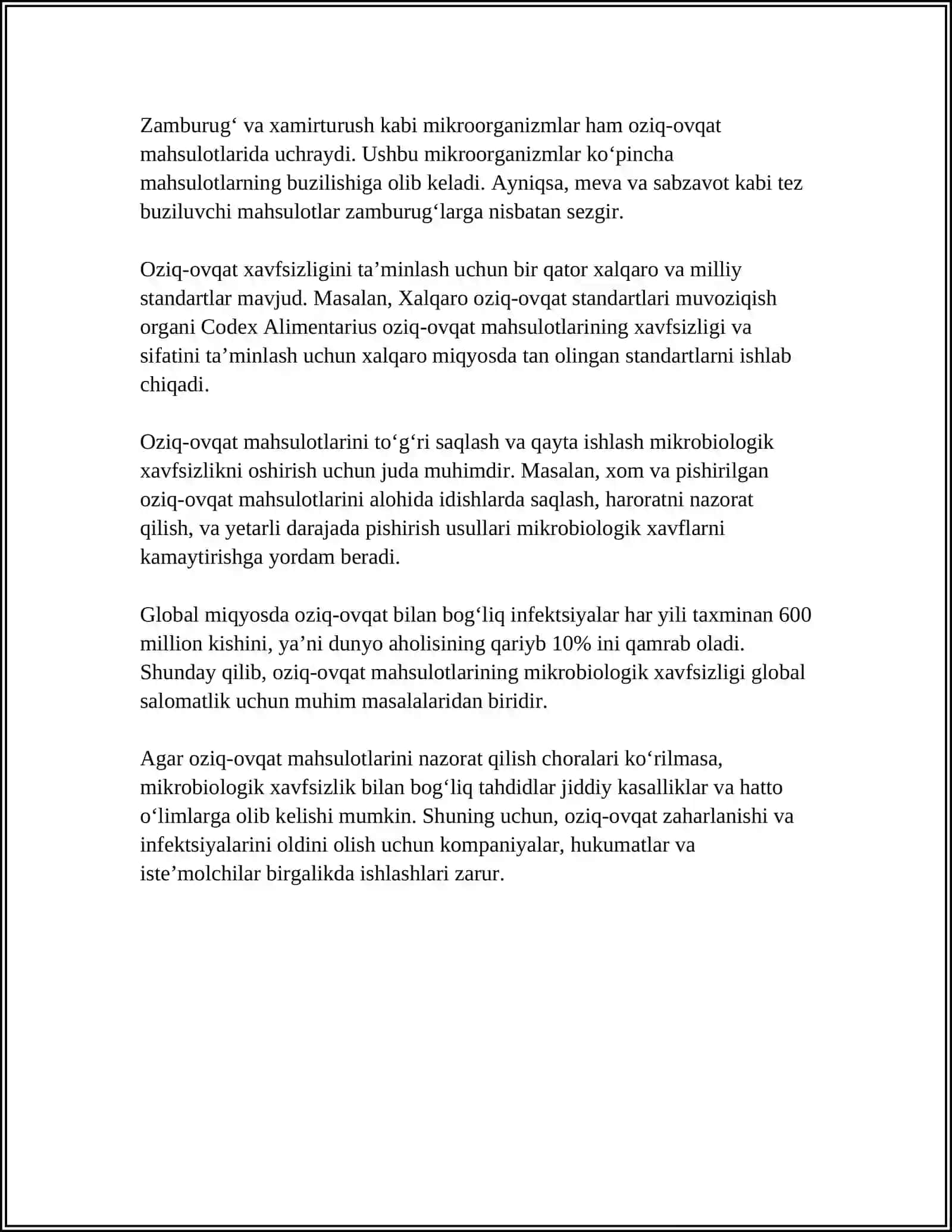 Oziq-ovqat mahsulotlarining biologik mikrobiologik havfsizligini ta'minlash va mikroorganizmlarni faoliyatini oʻrganish 4