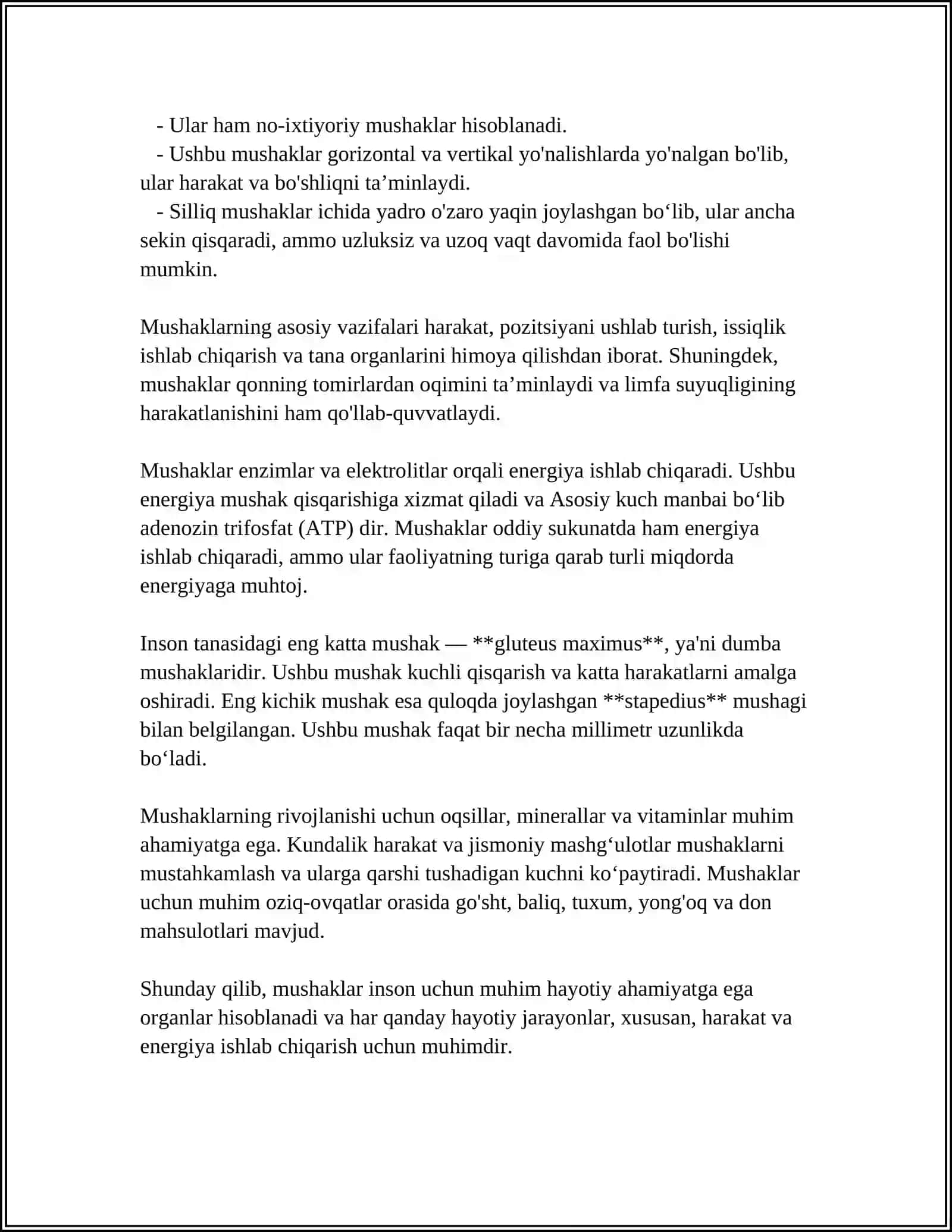 MUSHAKLARNING ISHI VA BIOMEXANIKASI.LESGAFT MUSHAKLAR TOʻGʻRISID TAʼLIMOT 4