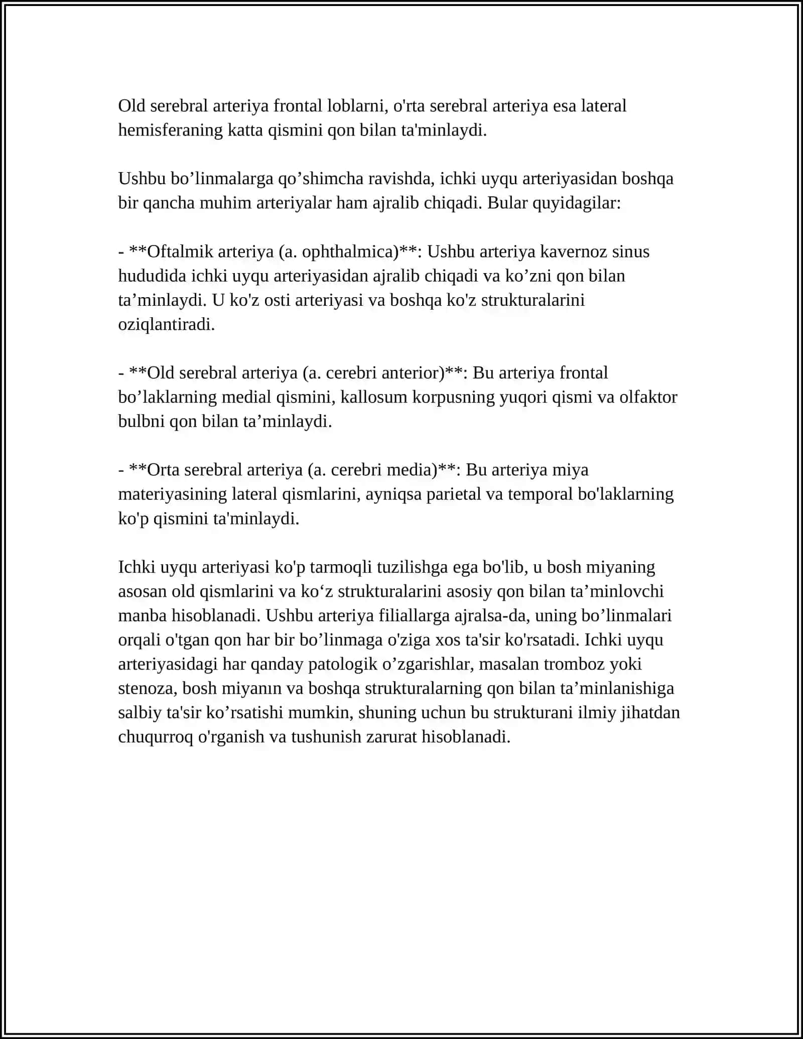 ICHKI VA TASHQI UYQU ARTERIYASI,VILLIZIY XALQASI,ZAXARCHENKO XALQASI 4