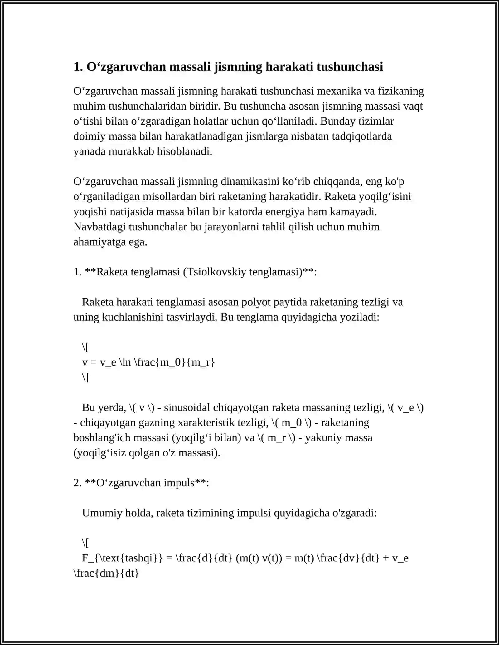 OʻZGARUVCHAN MASSALI JISMNING HARAKATI MAVZUSIGA OID REFERAT TAYYORLASH 4