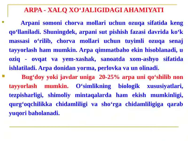 ARPABIOLOGIYASI VA YETISHTIRISH TEXNOLOGIYASI“O‘simlikshunoslik”fani 4