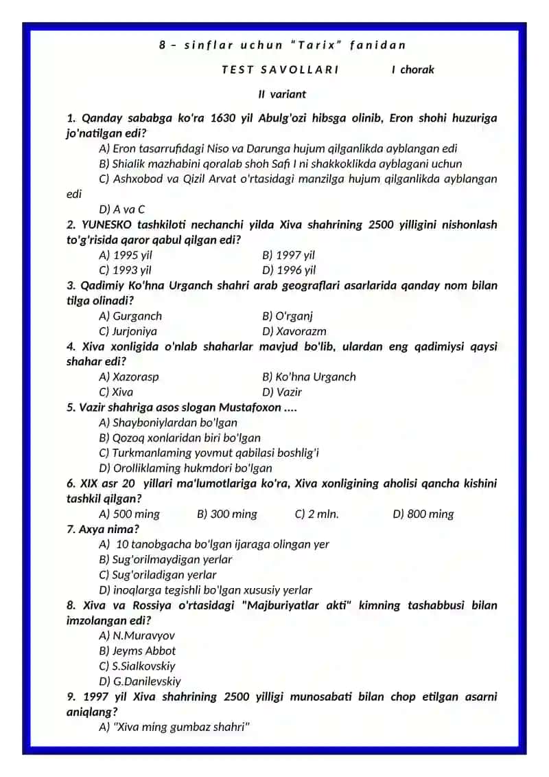 8-sinflar uchun tarix fanidan teslar to'plami 4