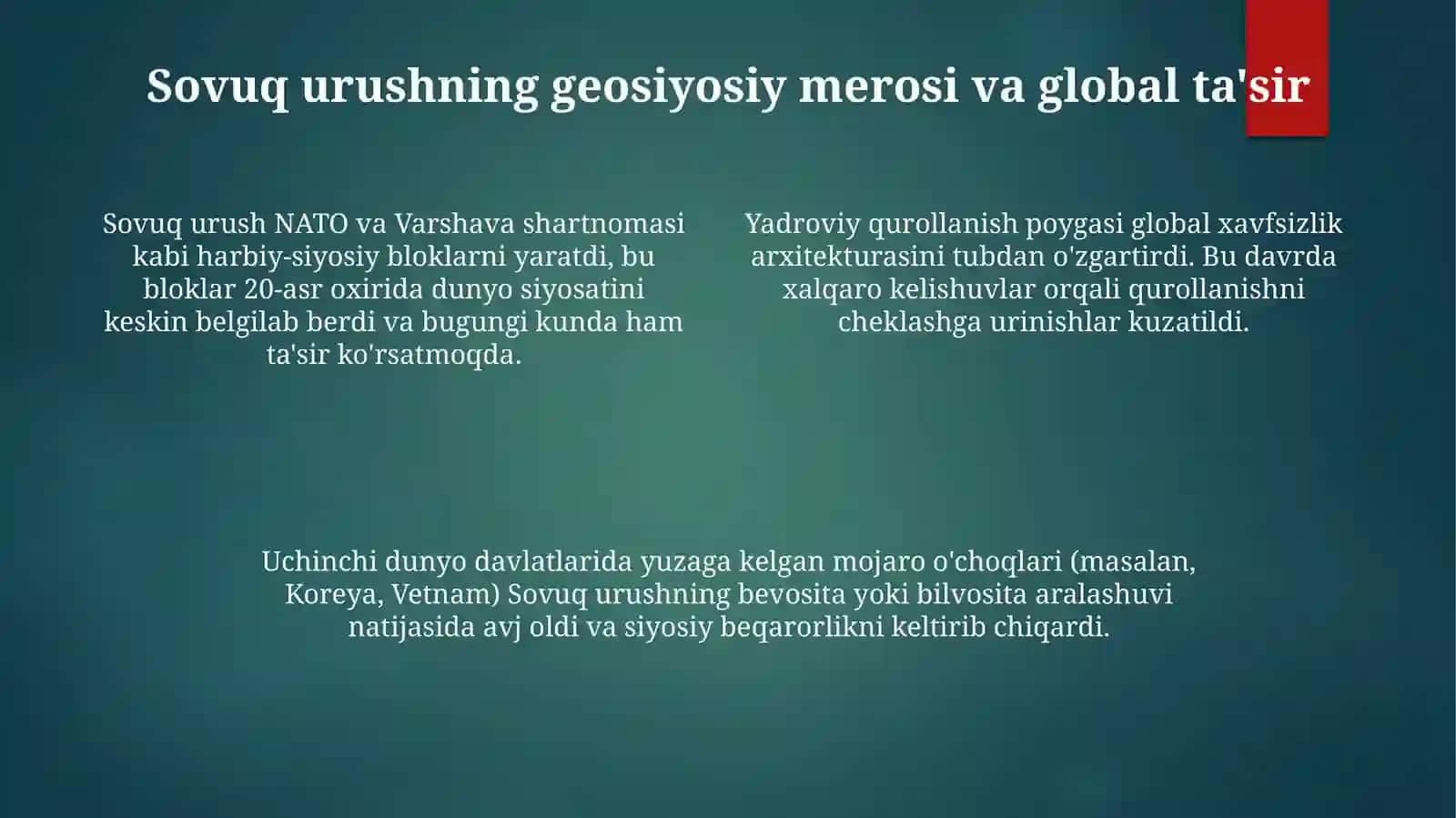 Kapitalistik va sotsialistik bloklardagi qarama-qarshiliklar yangi davrdagi muammolar 4