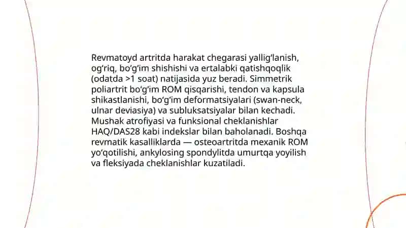 Tayanch harakat apparati, yurak qon tomir,nafas organlari, ruxiy kasalliklarda va bolalar kasalliklarida harakatning chegaralanishi 4