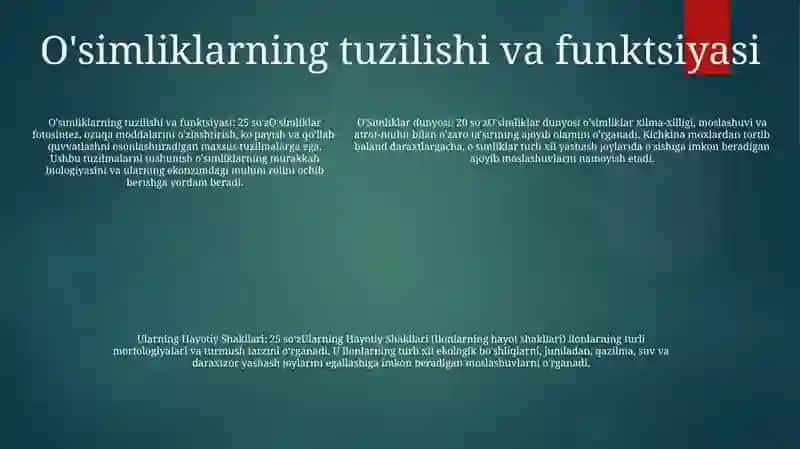O'Simliklar Dunyosi, Ularning Hayotiy Shakllari 4