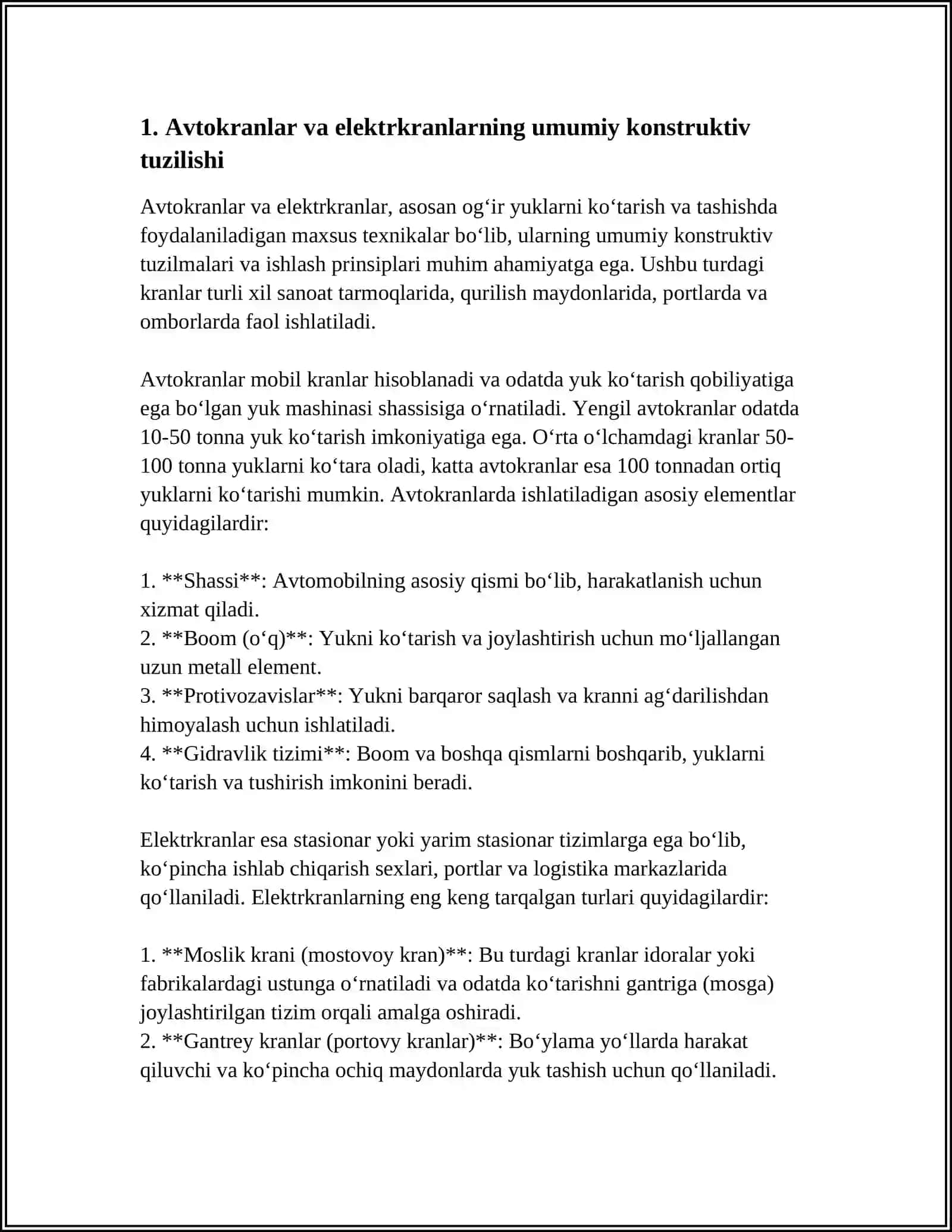 AVTOKRANLAR VA ELEKTRKRANLARNING TEXNIK TAVSIFI 4