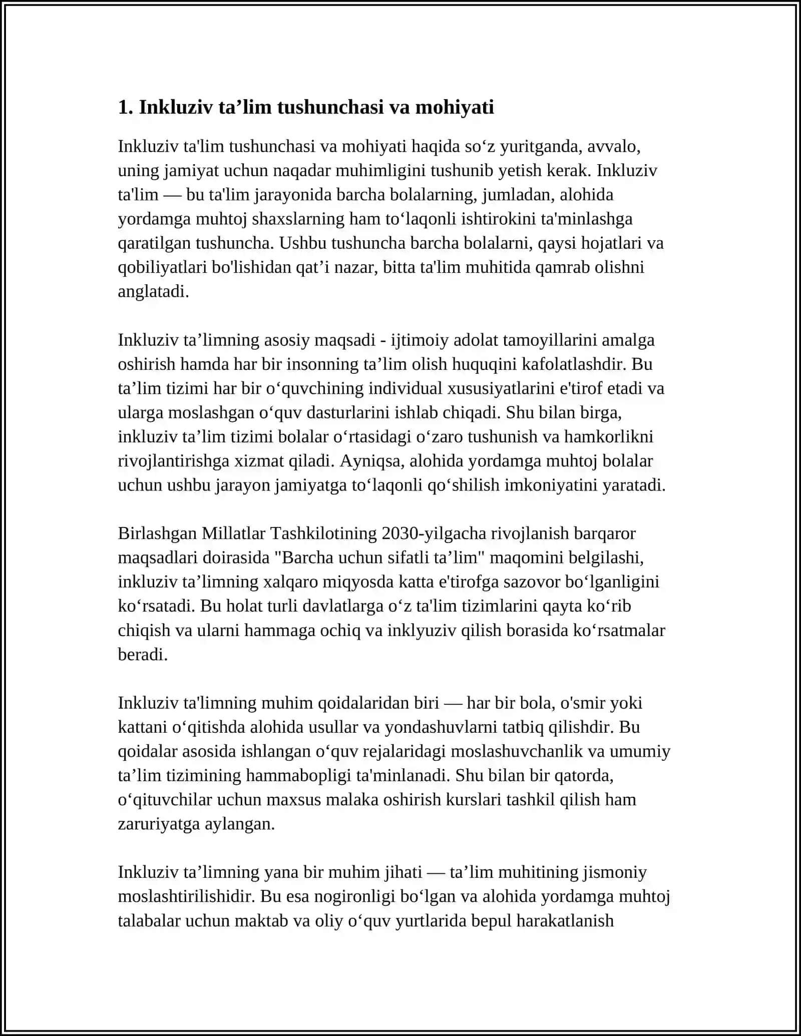 ALOHIDA YORDAMGA MUHTOJ SHAXSLARNI INKLYUZIV TA'LIM KONSEPSIYASINING MOHIYATI VA ASOSIY QOIDALARI 4