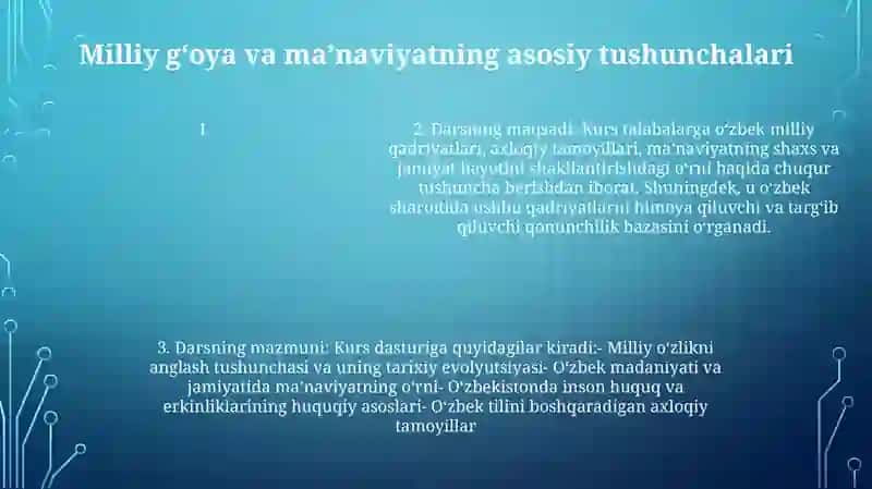 Milliy G'Oya Manaviyat Asoslari Va Huquq Ta’Limi Bakalavriat Talim Yo'Nalishida O'Qitiladigan Milliy G'Oya Va Ma'Naviyat Asoslari Turkimiga Kiruvchi Fanlar 4