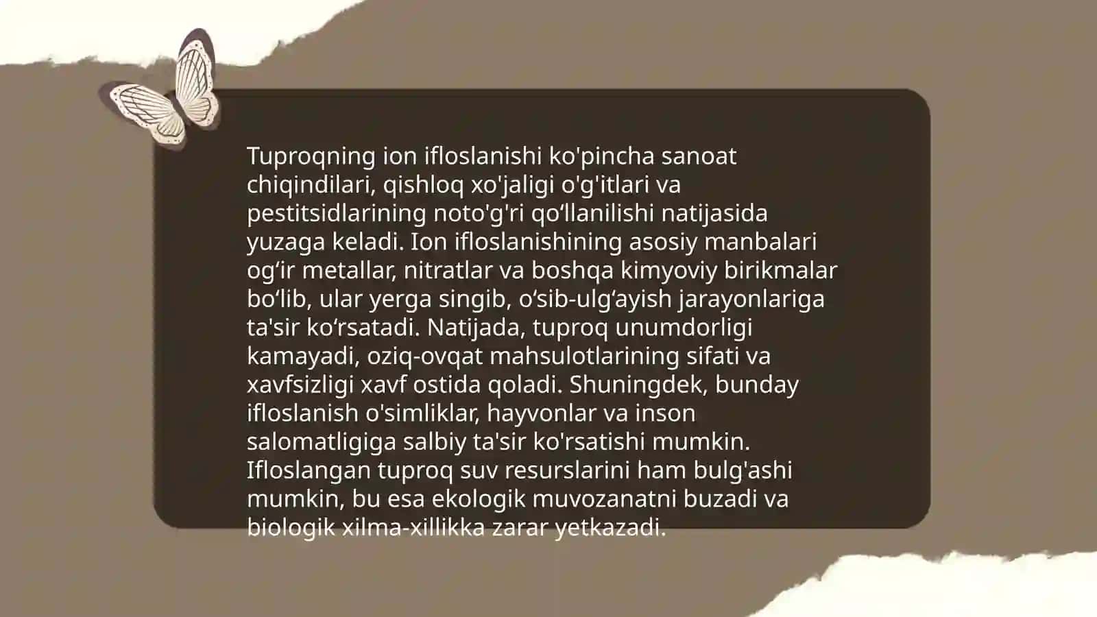 Tuproq, suvning ifloslanishida ion bogʻlanishli birikmalarni aniqlab ulardan tozalash gʻoyasini ishlab chiqish 4