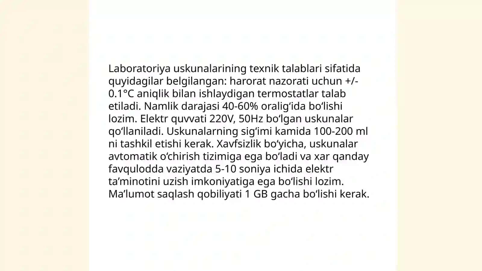 Korxona labaratoriyasi texnik materiallarga quyilgan talablar 4