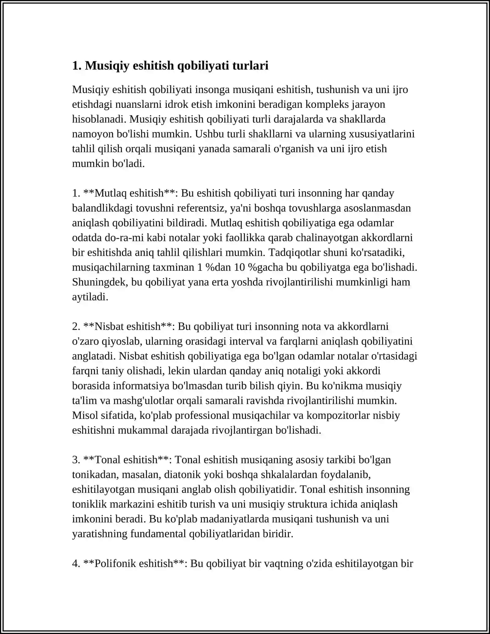 MUSIQIY ESHITISH QOBILYATI, USUL SEZGI VA XOTIRANI TURLARI 4