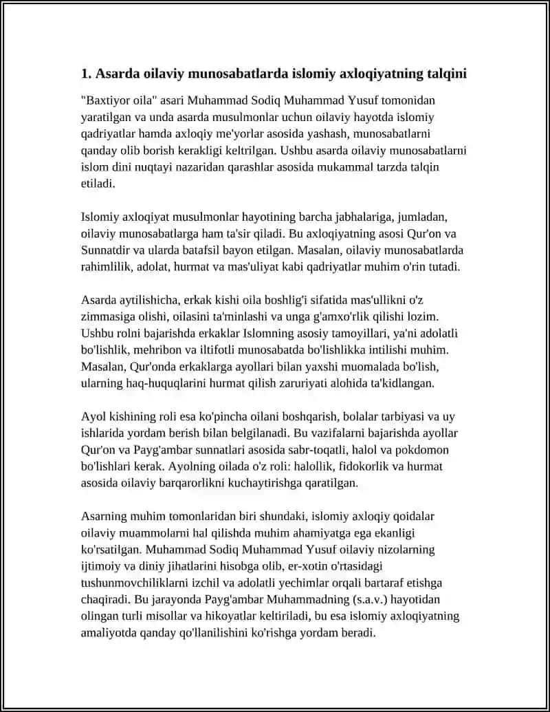 SHAYX MUHAMMAD SODIQ MUHAMMAD YUSUFNING "BAXTIYOR OILA " ASARIDA ISLOM QADRIYATLARINING TALQINI 4