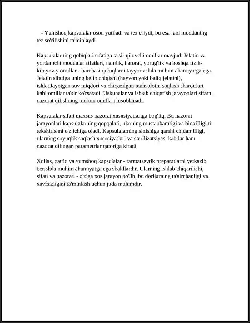 KAPSULALAR. ASBOB-USKUNALAR. JELATIN QOBIG'INING SIFATIGA TA'SIR QILUVCHI OMILLAR. KAPSÜL SIFATINI NAZORAT QILISH 4