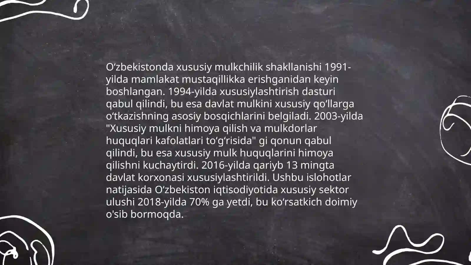 Iqtisodiy islohotlar, xususiy mulkchilikning shakllanishi. Oʻzbekistonda bozor munosabatlarining rivojlanishi 4