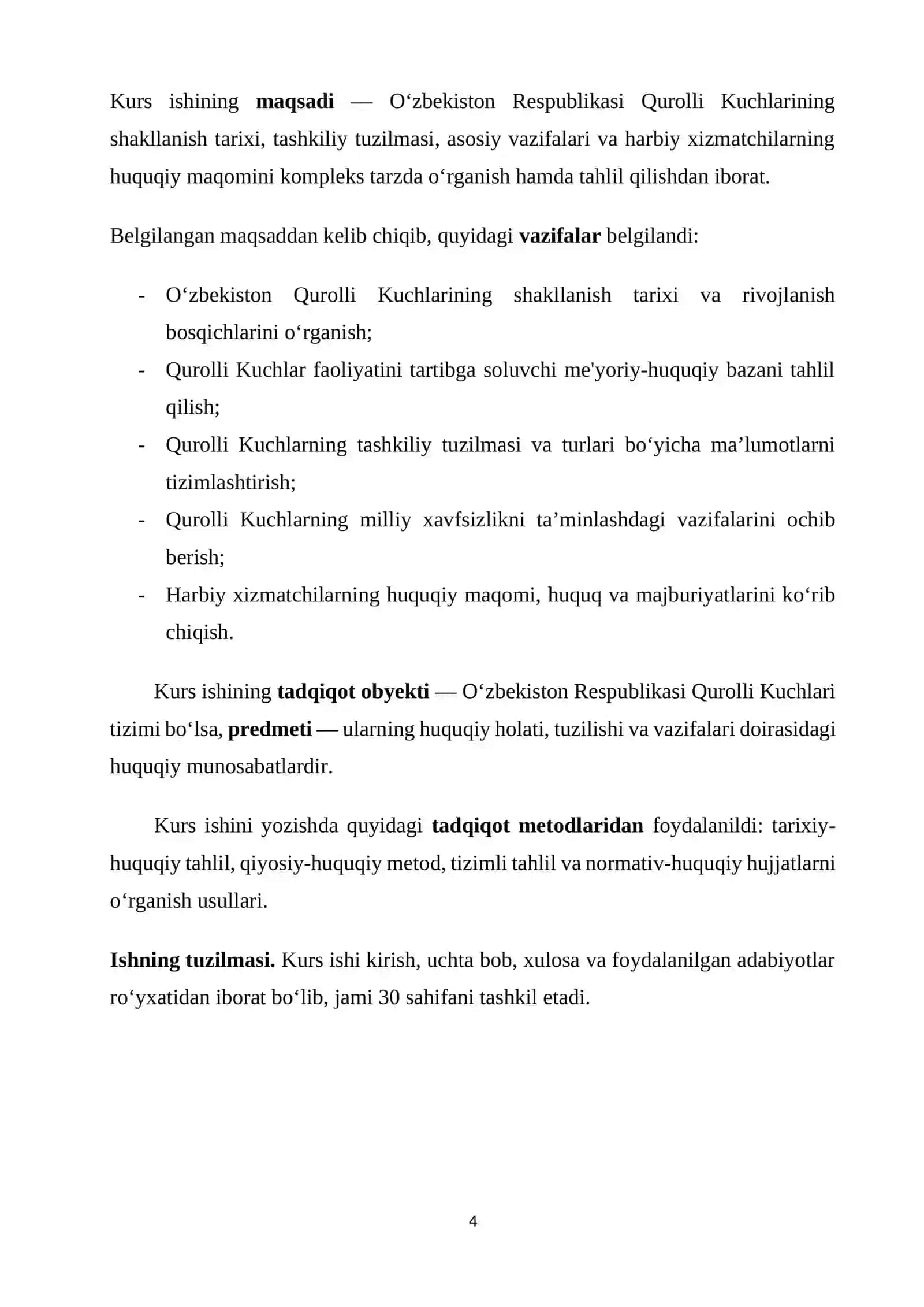 O‘zbekiston Respublikasida Qurolli Kuchlari tuzilishi, vazifalari va huquqiy holati kurs ishi 4