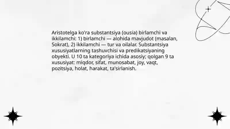 Aristotel, Forobiy va Kant ontologiyasida kategoriyalarning tasnifi 4