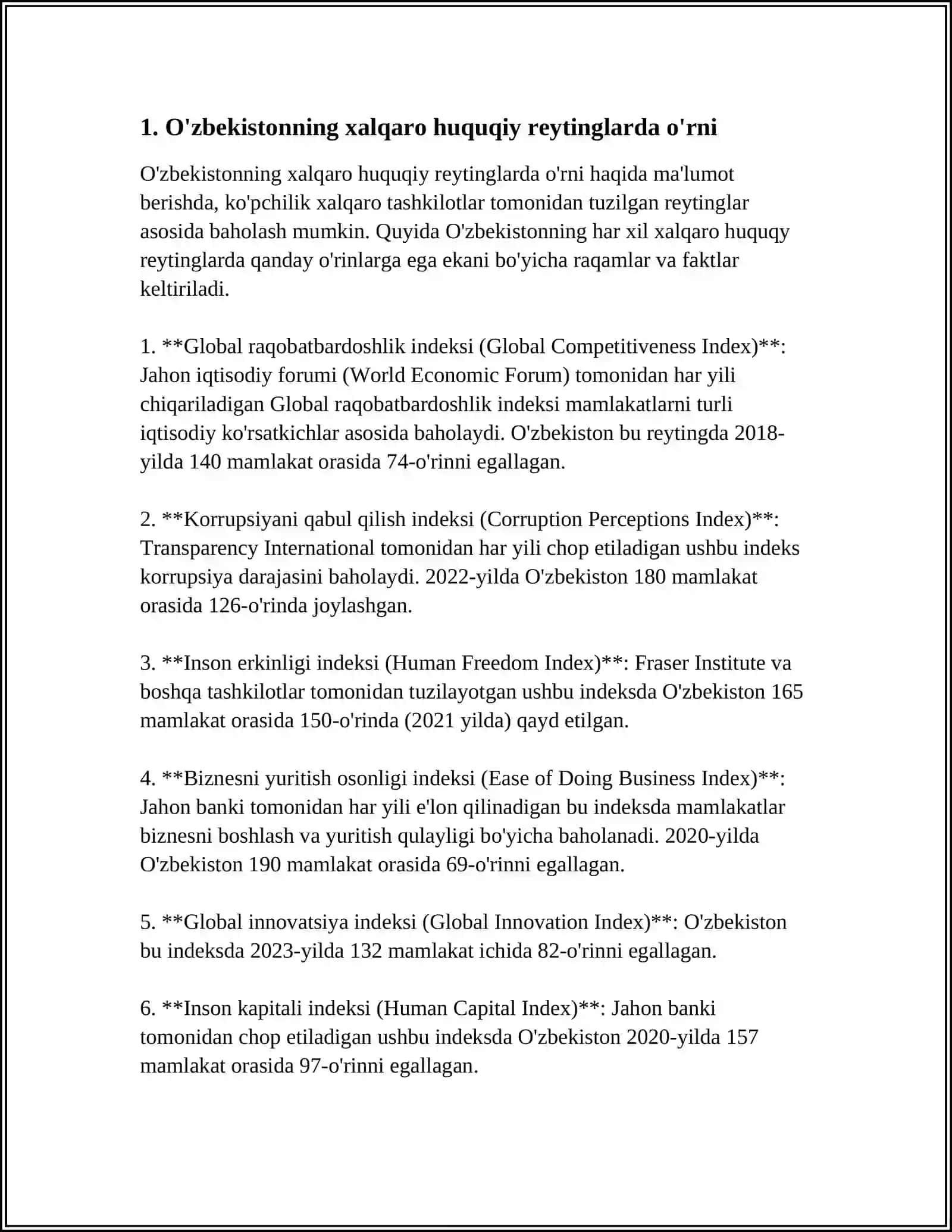 SIYOSIY-HUQUQIY SOHADAGI USTUVOR XALQARO REYTINGLAR VA ULARGA O'ZBEKISTONNING INTEGRATSIYALASHUVI 4