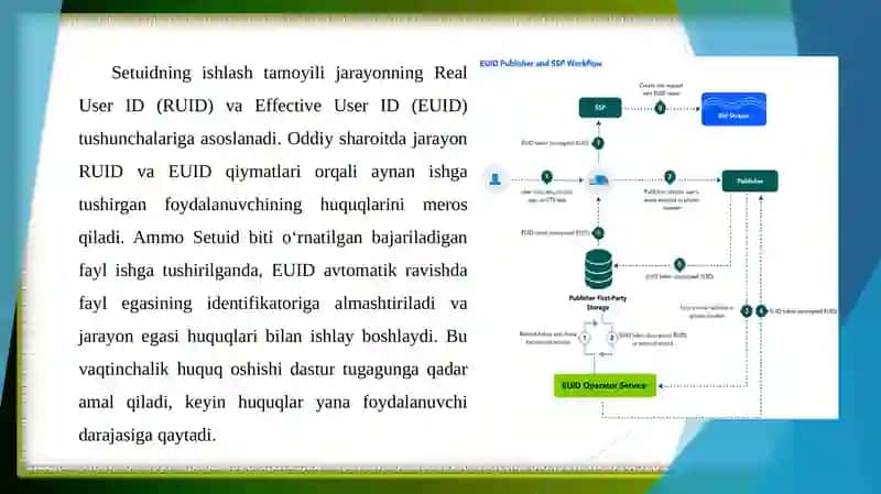 Setuid(Set User ID) mexanizmining tushunchasi va operatsion tizimlardagi qo'llanilishi. 4