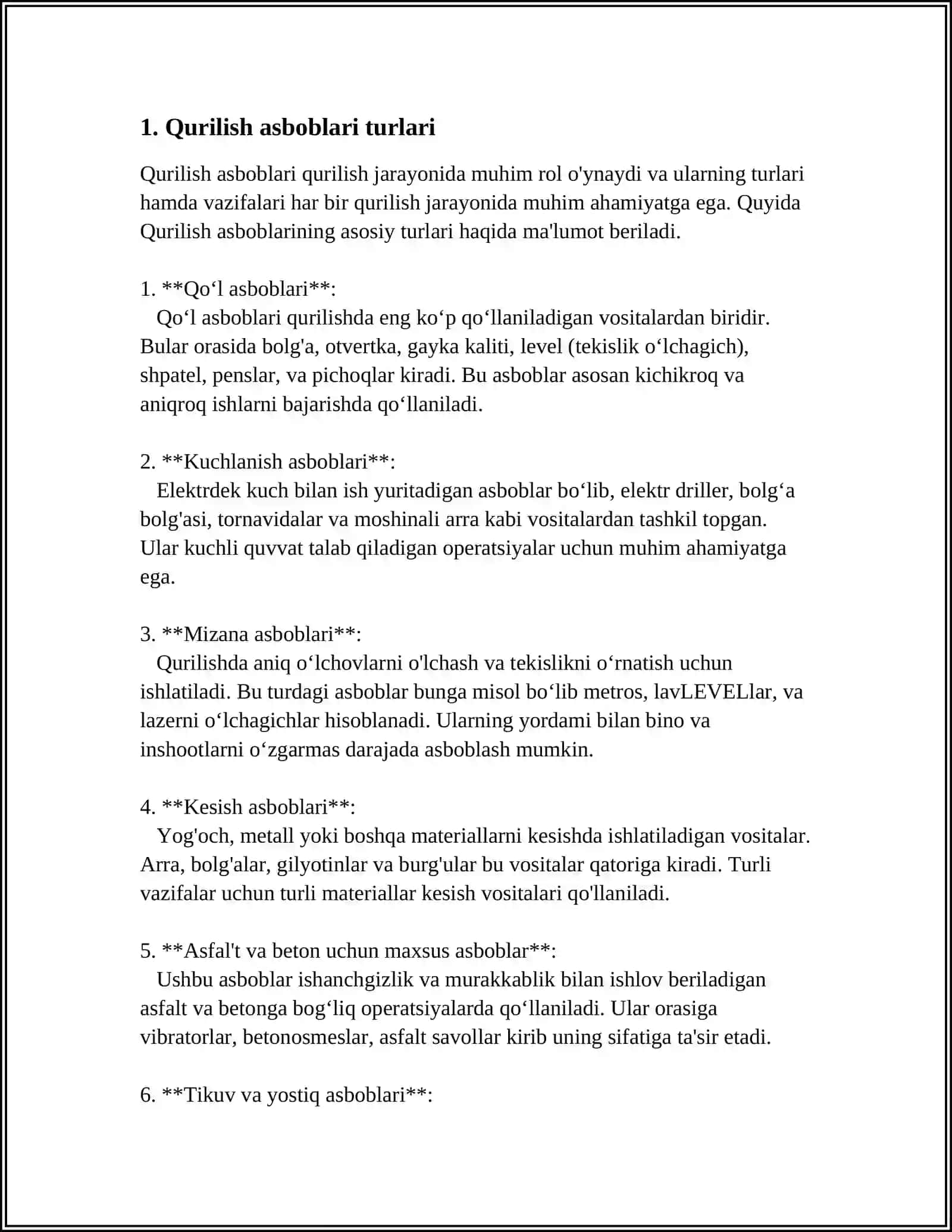 MUSTAQIL ISH Mavzu: QURULISH TEXNALOGIYASIDA ISHLATILADIGAN ASBOBLAR 4