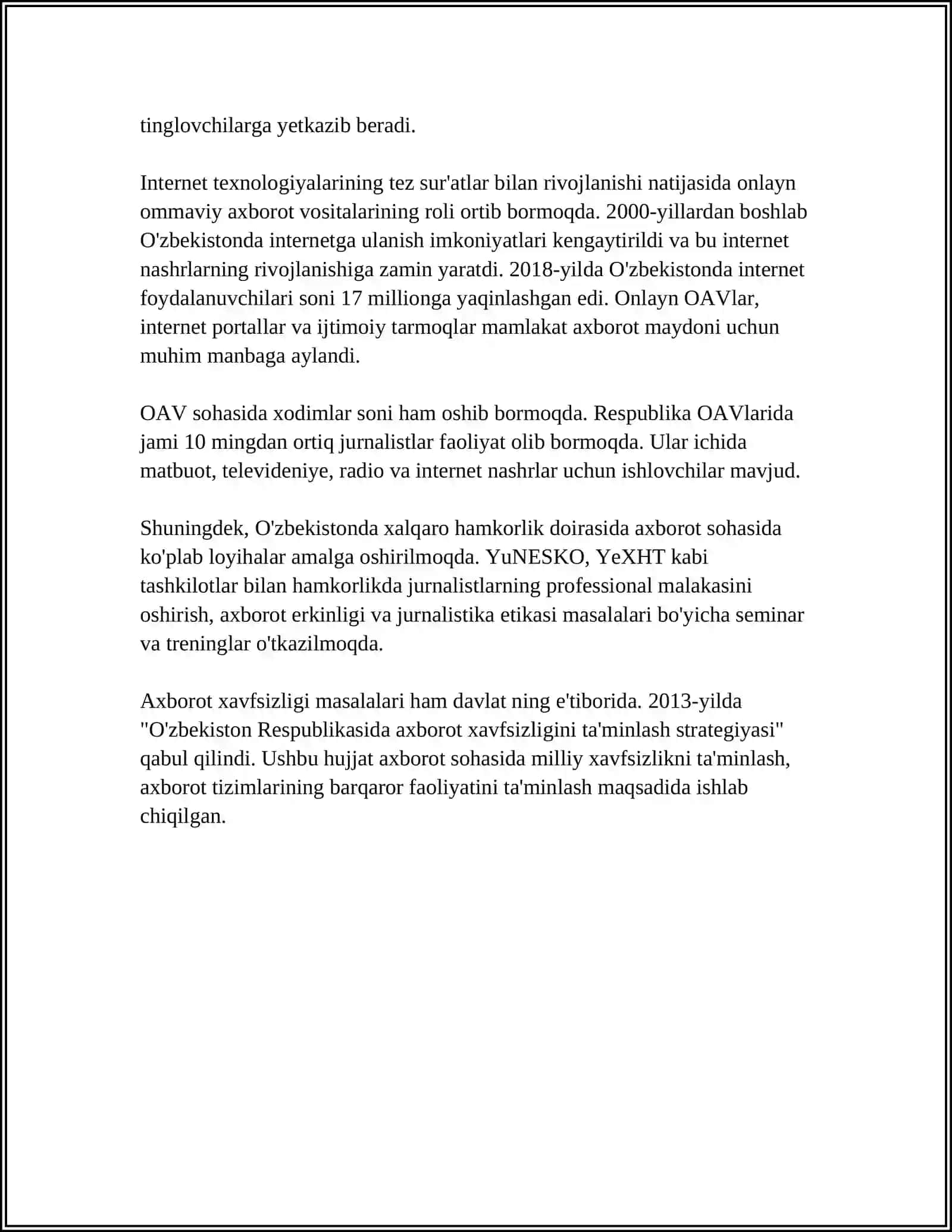 O'ZBEKISTON RESPUBLIKASIDA OMMAVIY AXBOROT VOSITALARINING FAOLIYATI (O'ZGARISH VA MUAMMOLAR) 4