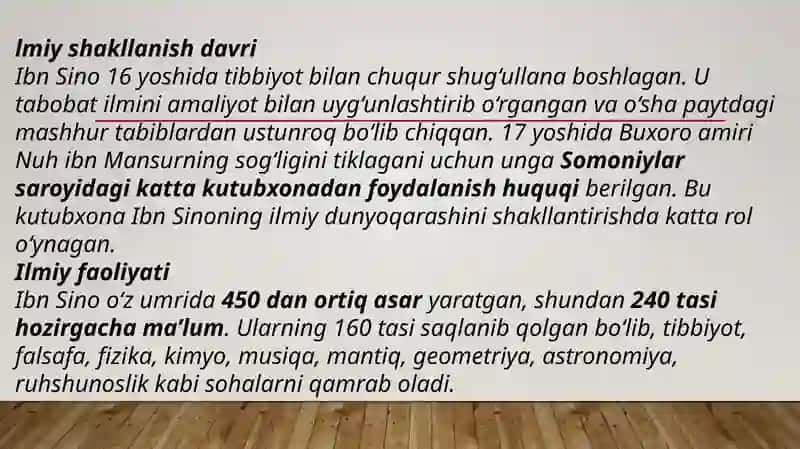 ABU ALI IBN SINO IJODI VA FAOLIYATI. ,,TIB QONUNLARI’’ASARINING OLAMSHUMUL AHAMIYATI. ABU NASR FAROBIY ASARLARINI O’RGANISHNING DOLZARBLIGI. 4