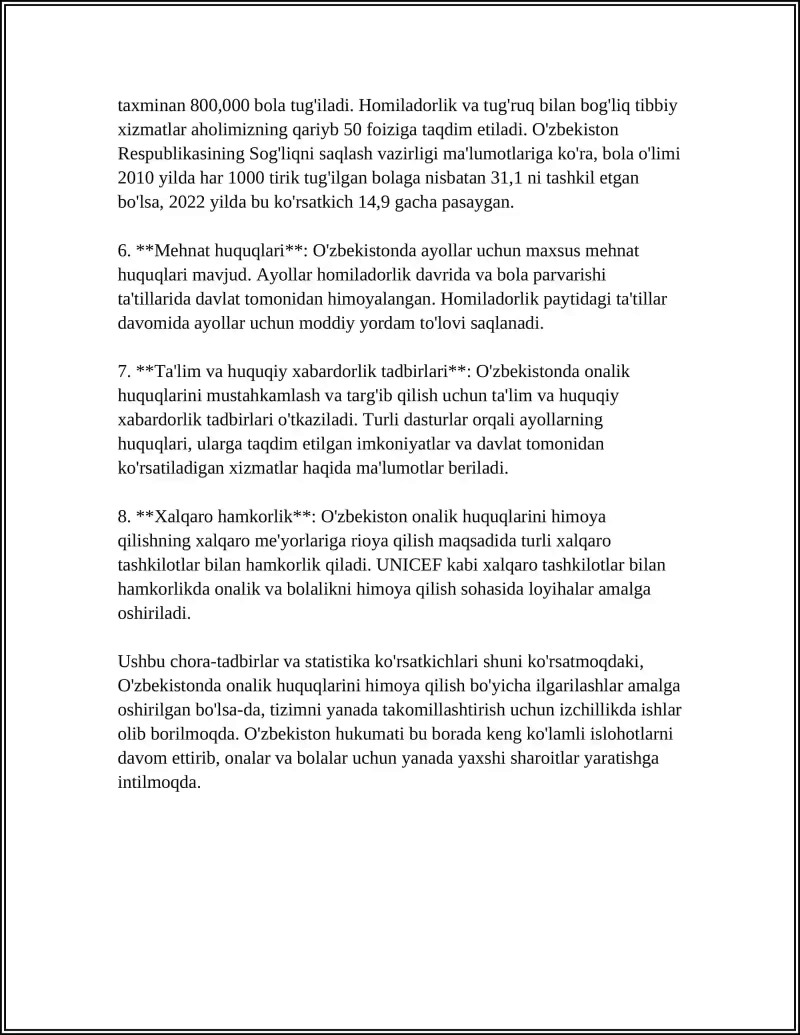 YANGI O'ZBEKISTONDA ONALIK VA BOLALIK HAQ-HUQUQLARINI HIMOYA QILINISHI 4