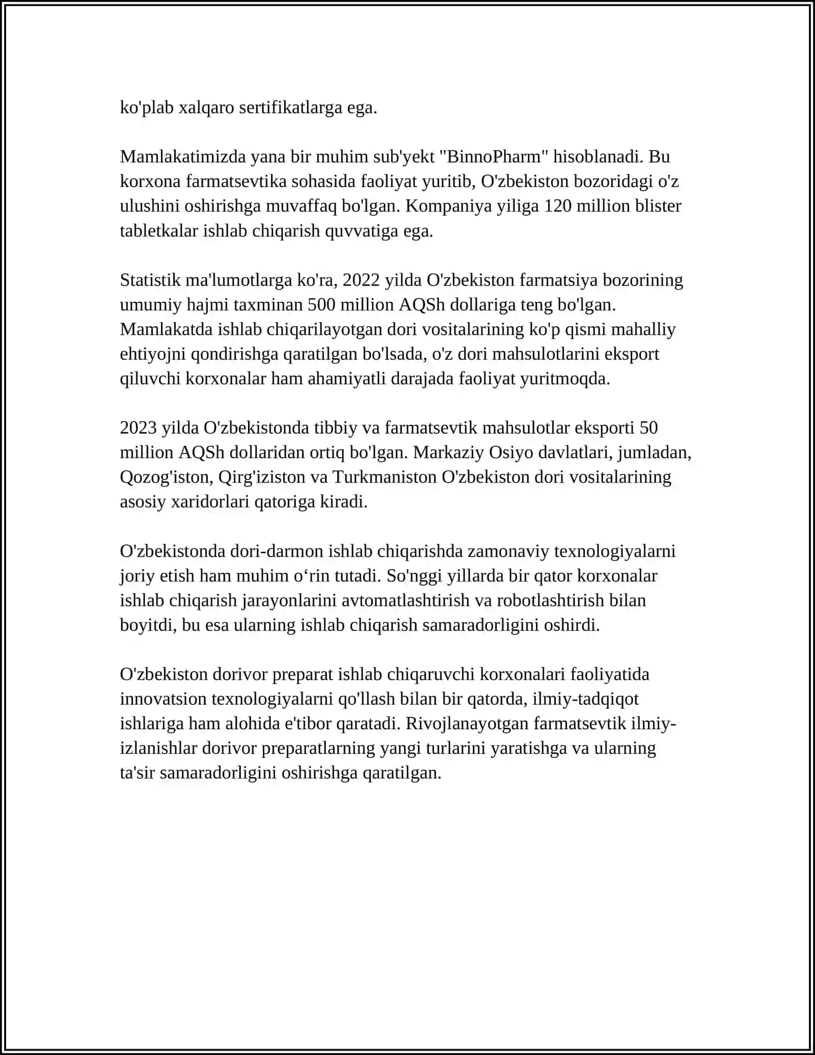 O'ZBEKISTONDA FARMASEVTIK ISHLAB CHIQARISH KORXONALAR VA ULARNING TURLARI 4