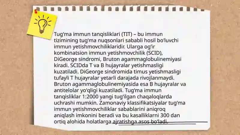 Immunopatologiya, xozirgi zamon klassifikatsiyasi: tugʻma va orttirilgan immun tanqisliklari 4