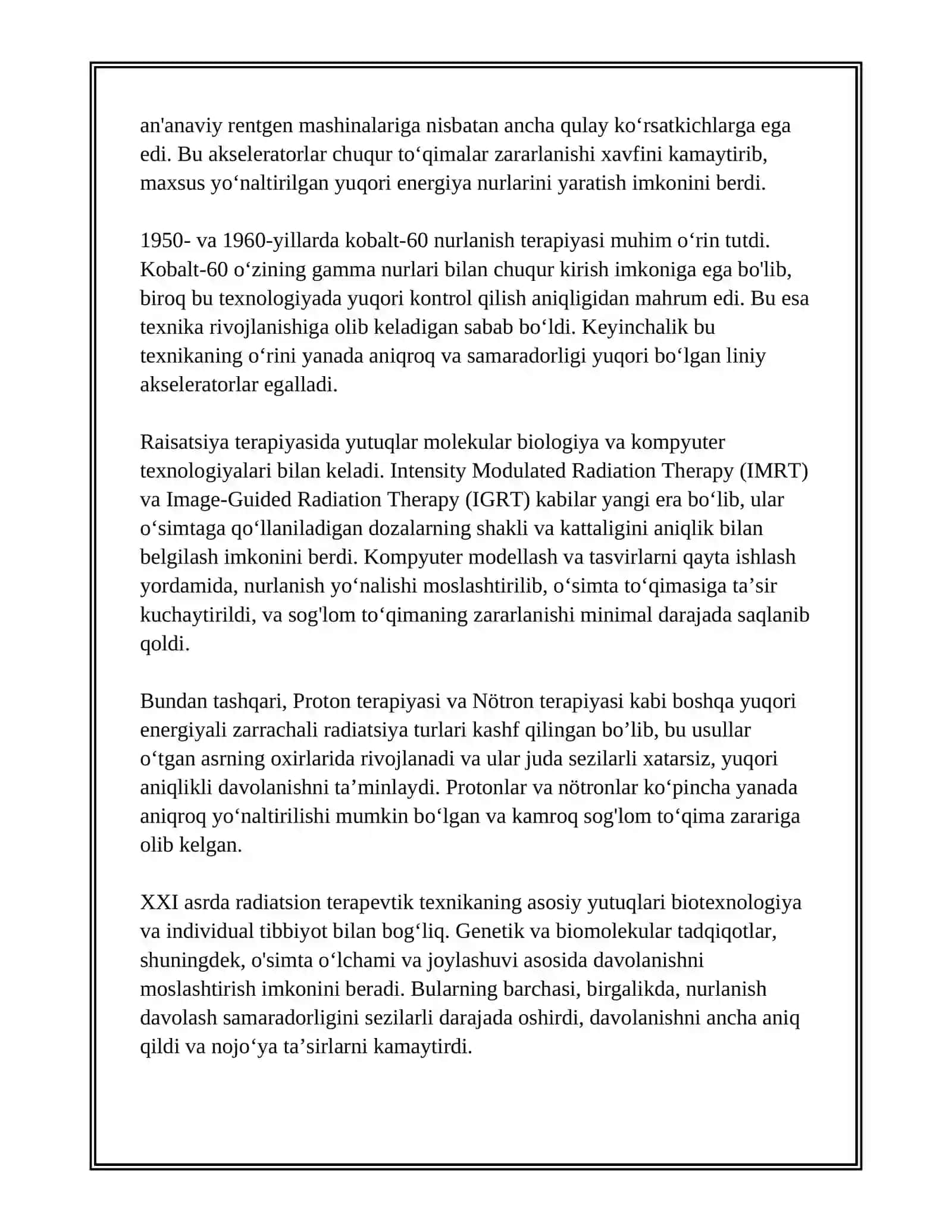 RADIATSION TERAPEVTIK TEXNIKA.NUR TERAPIYASI BIOLOGIK ASOSLARI.OʻSMA KASALLIKLARNI NUR TERAPIYASI 4