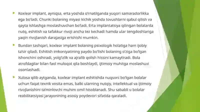 Koxlear implantantli eshitishda nuqsoni bo'lgan bolalar reabilitatsiyasi 4