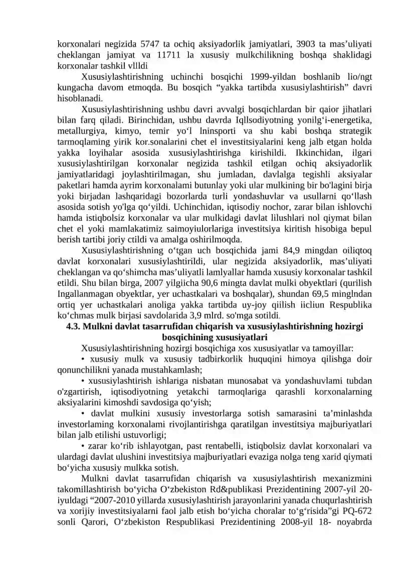 O‘ZBEKISTONDA DAVLAT MULKINI XUSUSIYLASHTIRISH VA BOSHQARISH - IQTISODIYOTNI TARTIBGA SOLISH VOSITASI 4