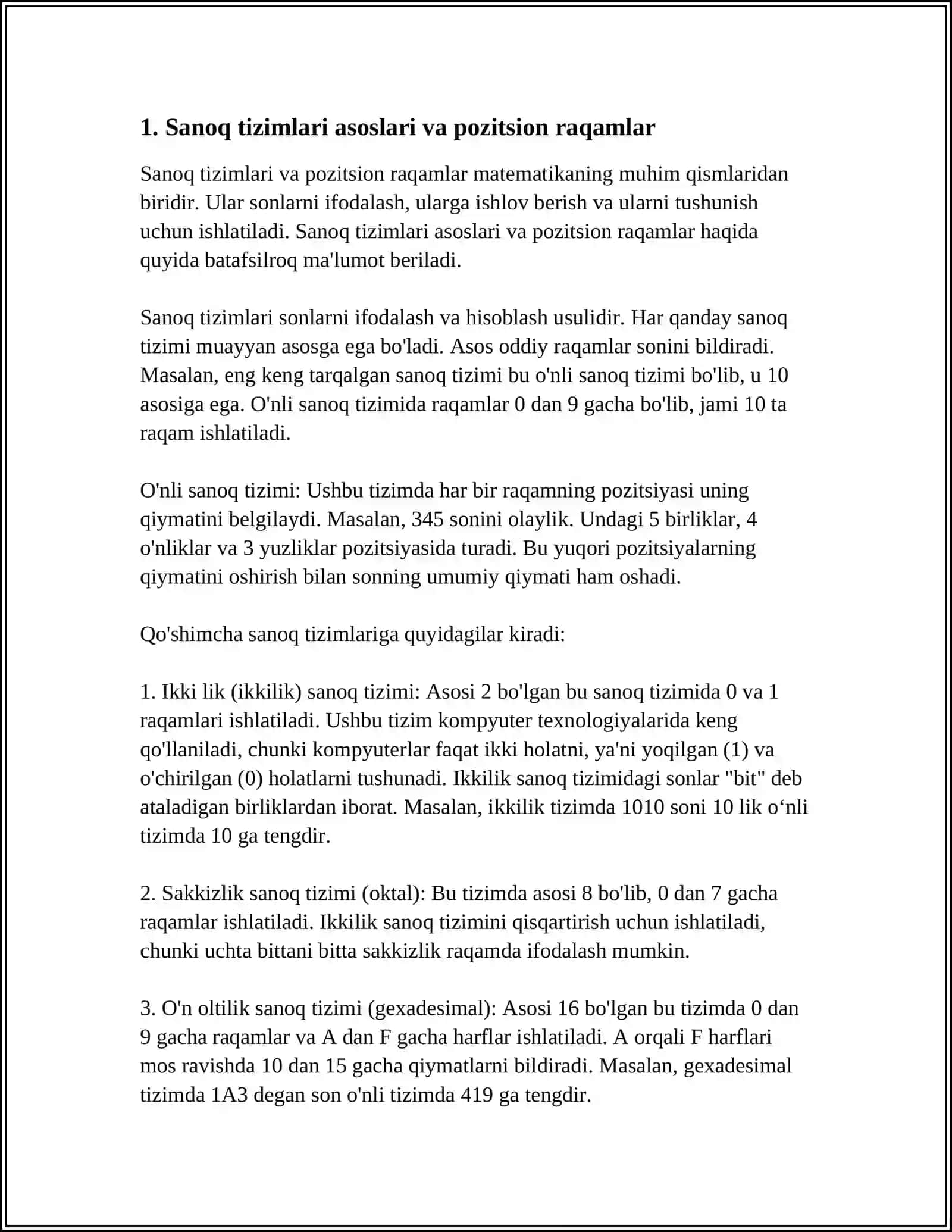 MISOLLAR YORDAMIDA SANOQ SISTEMALARIDA ARIFMETIK AMALLARNI BAJARISH 4