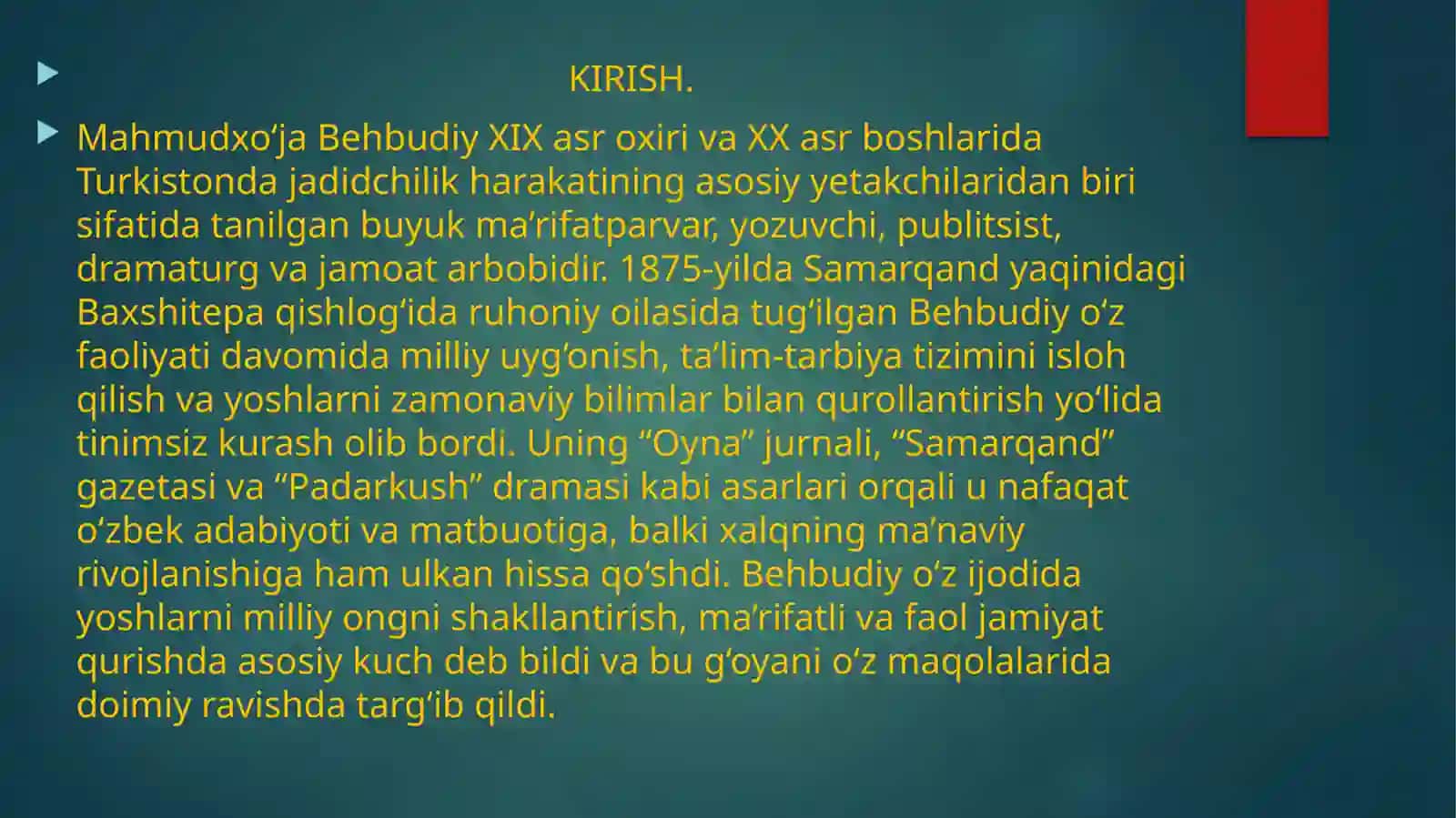 Mahmudxoʻja Behbudiy Yoshlar murojaat maqolasi tahlil.Taqdimot 4