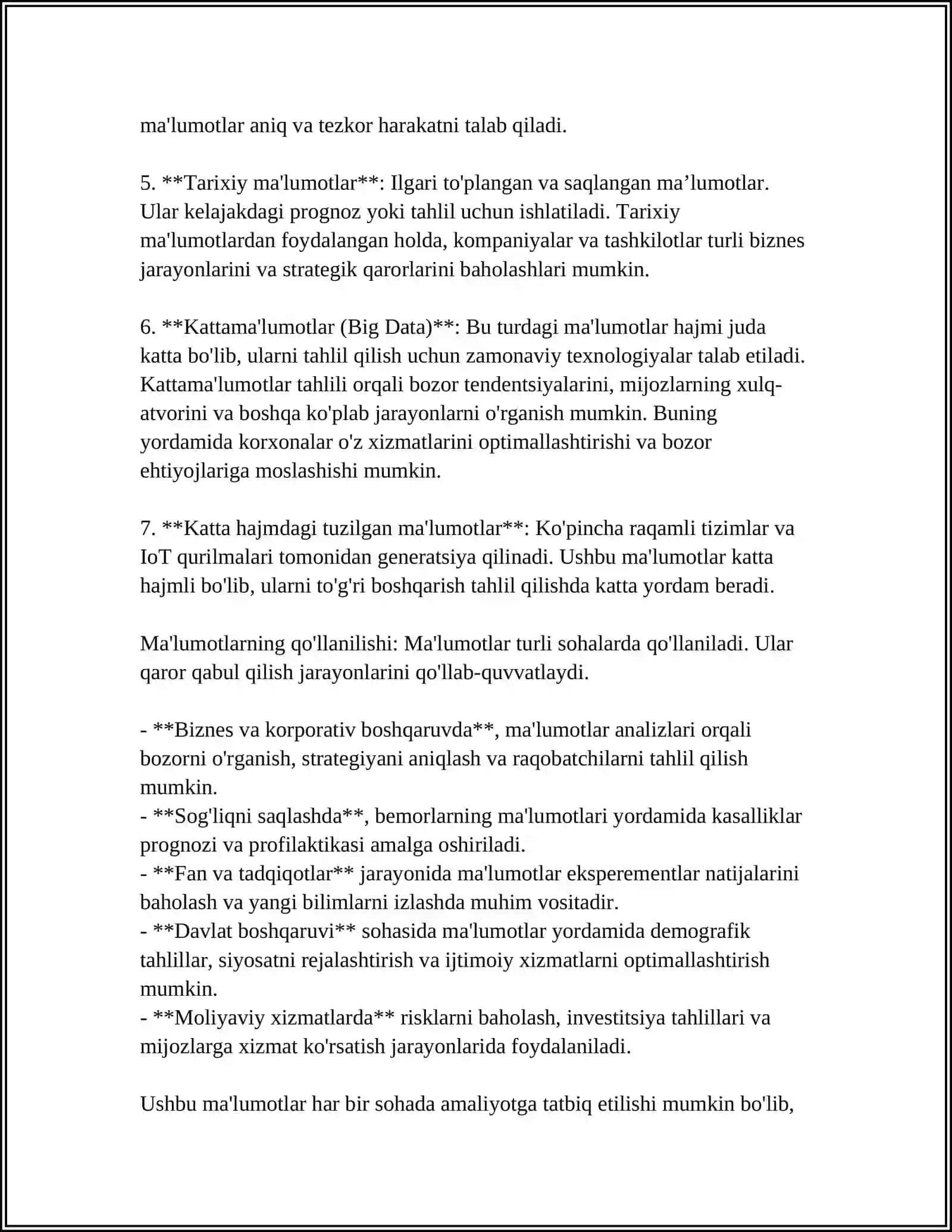 MALUMOTLARNING SOZLANGAN TURLARI MASSIVLAR VECTORLAR YOZUVLAR VA TOLAMLAR VA KORSATKICHLI TURLAR MAVZUSI HAQIDA MUSTAQIL ISH TAYORLAB BERING TOLIQ HOLDA 4