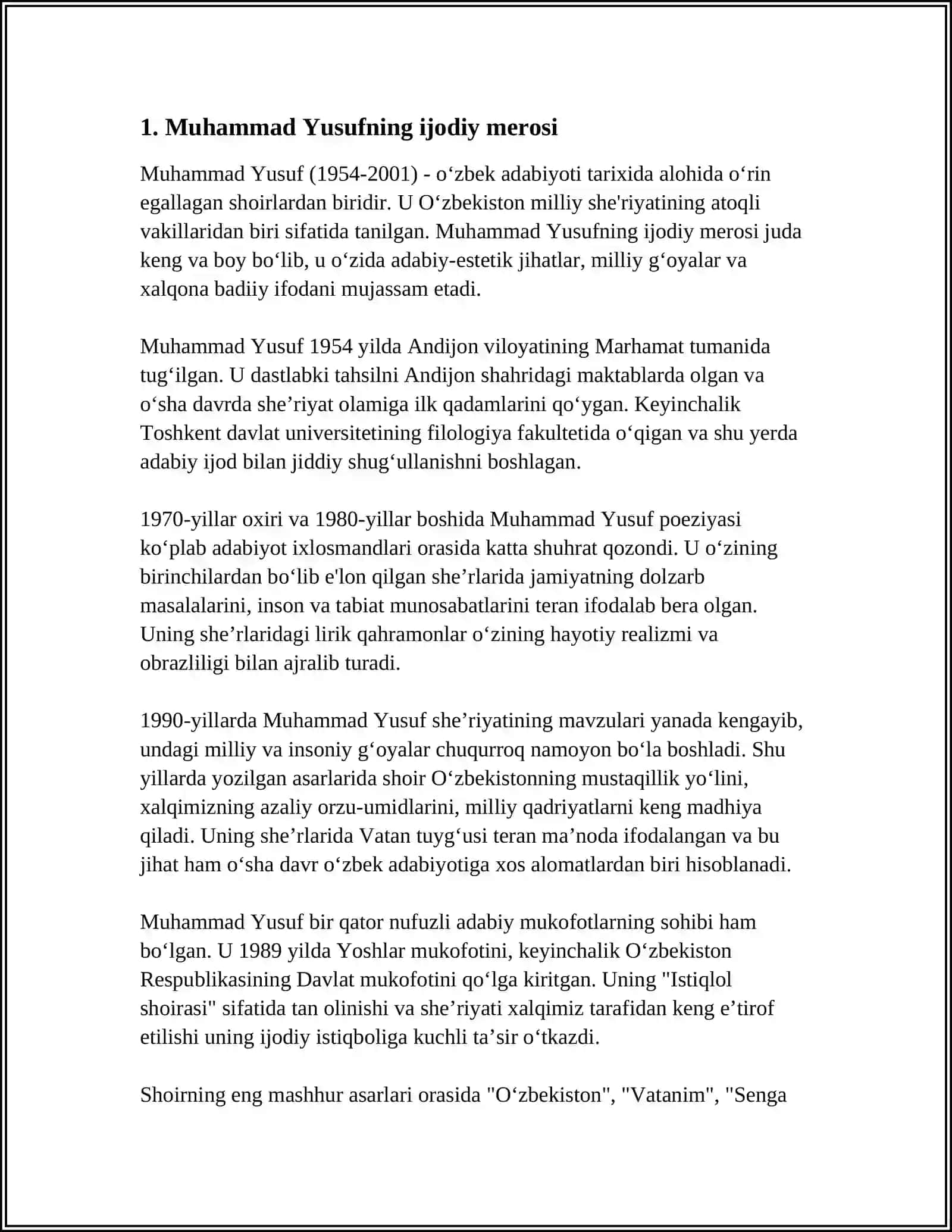 MUHAMMAD YUSUF NING HAYOTI IJODI VA ''ULUG'IMSAN VATANIM ''SHERI MAZMUNI HAQIDA 4